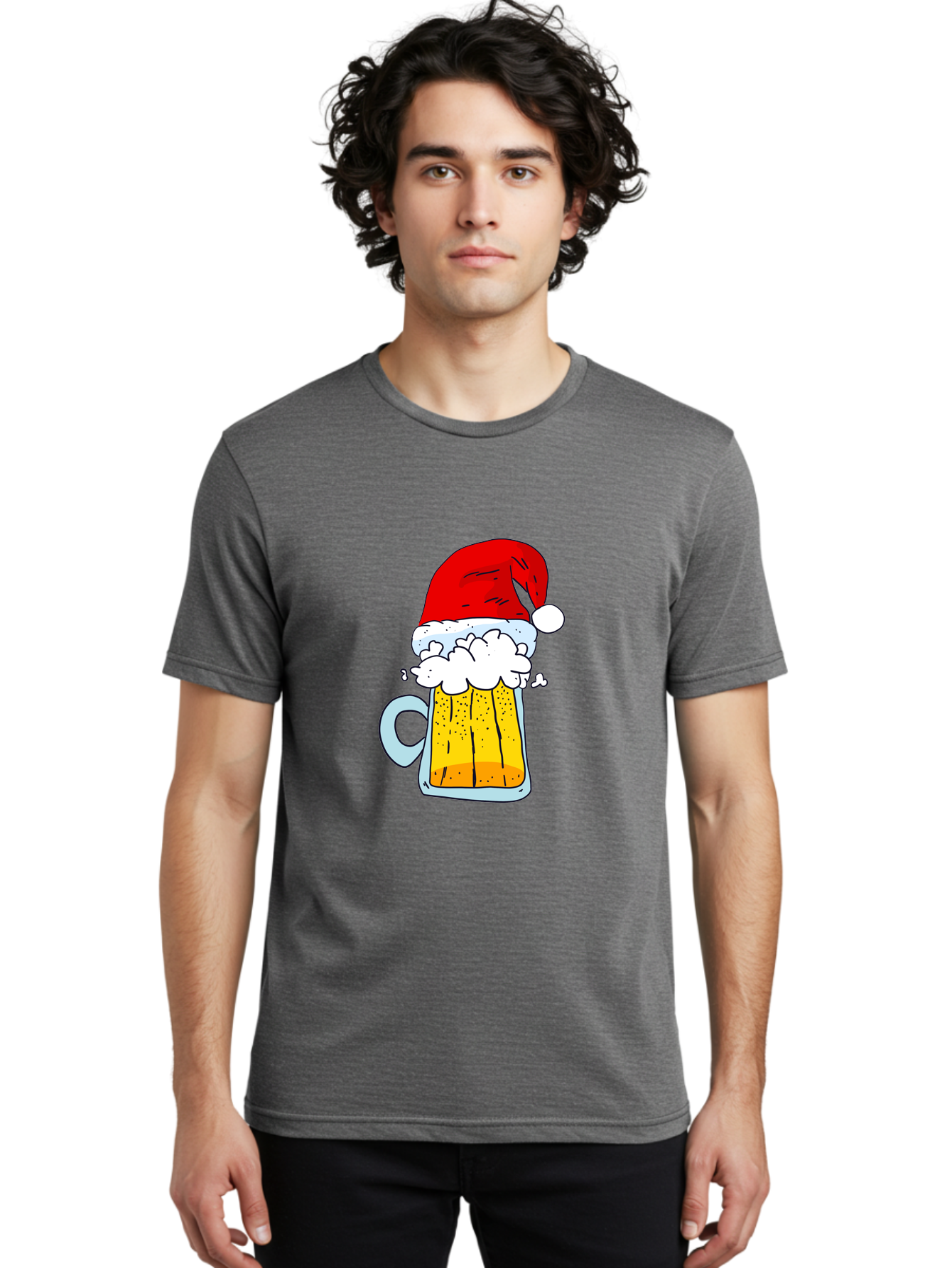 Beer-Mug-With-Santa-Hat Men'S Graphic Tee, 100% Cotton, Comfortable Casual Summer Wear, Machine Washable, Beer Mug With Santa Hat, Christmas Theme, Festive Drink, Holiday Cheer, Cartoon Style, Funny Illustration, Cold Beer, -  Aaa011