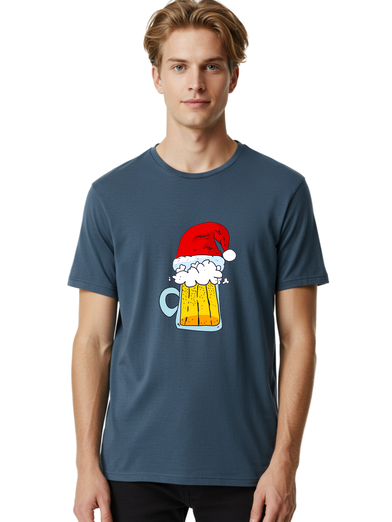 Beer-Mug-With-Santa-Hat Men'S Graphic Tee, 100% Cotton, Comfortable Casual Summer Wear, Machine Washable, Beer Mug With Santa Hat, Christmas Theme, Festive Drink, Holiday Cheer, Cartoon Style, Funny Illustration, Cold Beer, -  Aaa011