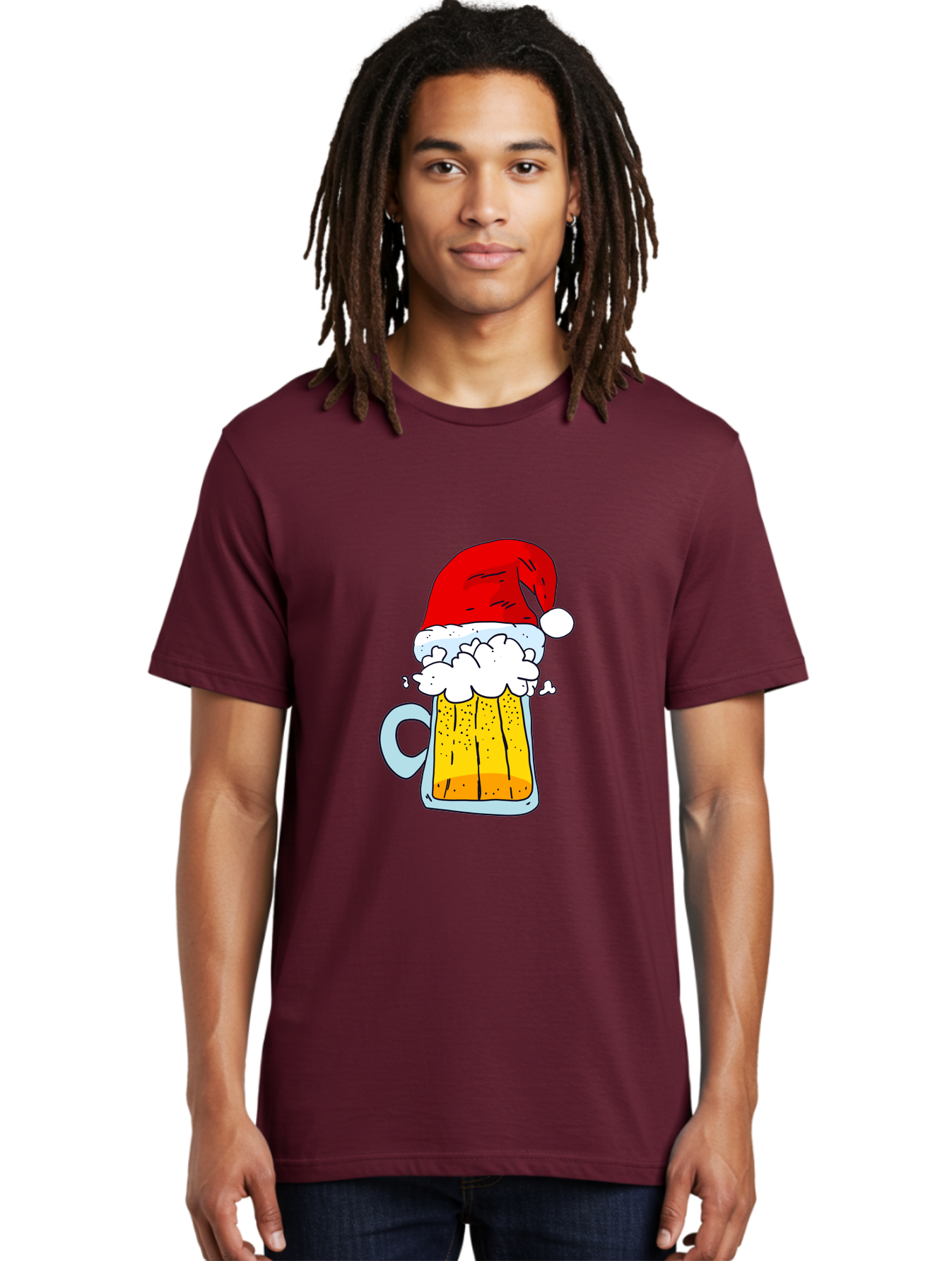 Beer-Mug-With-Santa-Hat Men'S Graphic Tee, 100% Cotton, Comfortable Casual Summer Wear, Machine Washable, Beer Mug With Santa Hat, Christmas Theme, Festive Drink, Holiday Cheer, Cartoon Style, Funny Illustration, Cold Beer, -  Aaa011