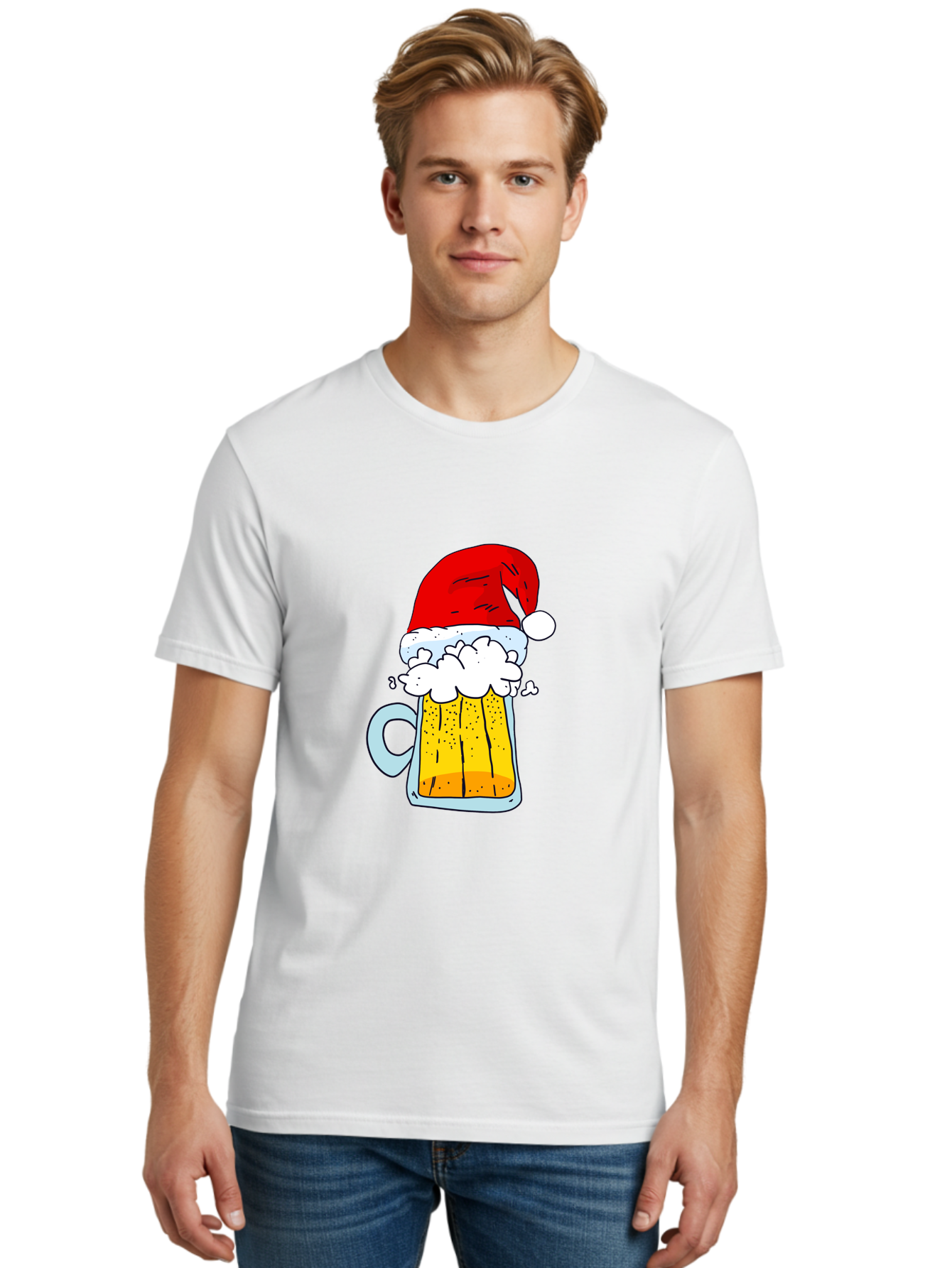 Beer-Mug-With-Santa-Hat Men'S Graphic Tee, 100% Cotton, Comfortable Casual Summer Wear, Machine Washable, Beer Mug With Santa Hat, Christmas Theme, Festive Drink, Holiday Cheer, Cartoon Style, Funny Illustration, Cold Beer, -  Aaa011