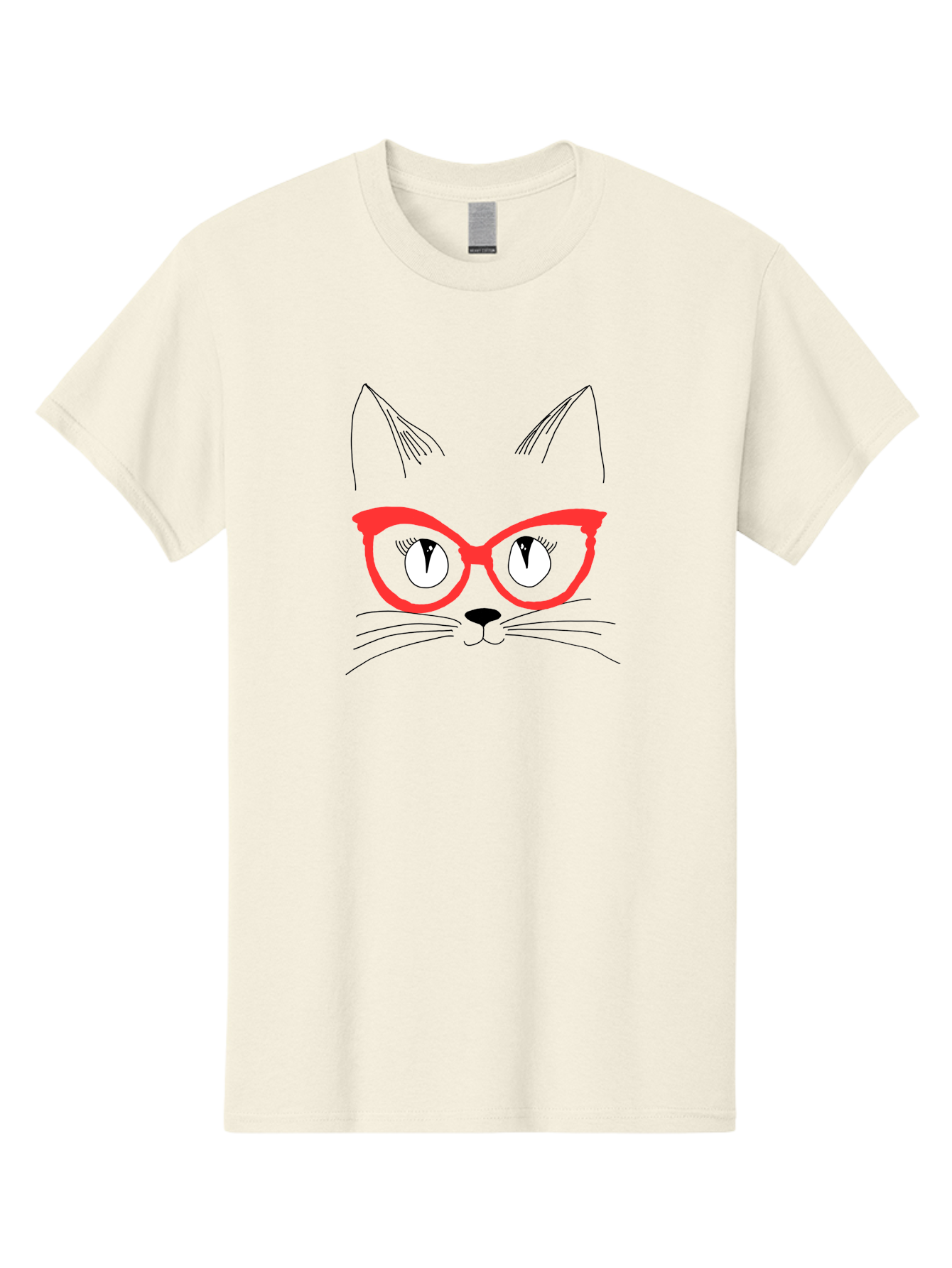 Cat-Face Men'S Graphic Tee, 100% Cotton, Comfortable Casual Summer Wear, Machine Washable, Funny Cat, Cat Face, Red Glasses, White Eyes, Black Nose, Whiskers, Cartoon Style, Simple Design, Cute Illustration, Pop Art, Modern Art -  Aaa018
