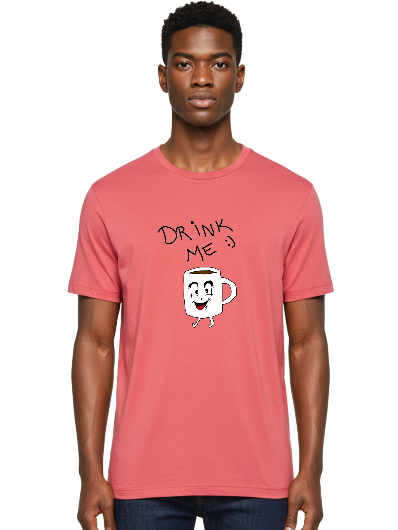 Drink-Me Men'S Graphic Tee, 100% Cotton, Comfortable Casual Summer Wear, Machine Washable, Cartoon Coffee Mug, Anthropomorphic Character, Smiling Face, Happy Expression, Coffee Drink, Beverage Illustration, Funny Character Design, -  Aaa029