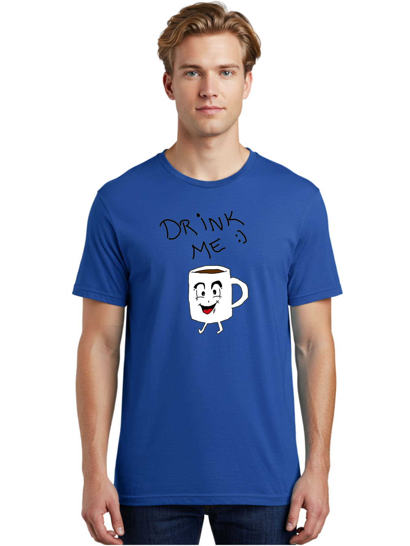 Drink-Me Men'S Graphic Tee, 100% Cotton, Comfortable Casual Summer Wear, Machine Washable, Cartoon Coffee Mug, Anthropomorphic Character, Smiling Face, Happy Expression, Coffee Drink, Beverage Illustration, Funny Character Design, -  Aaa029