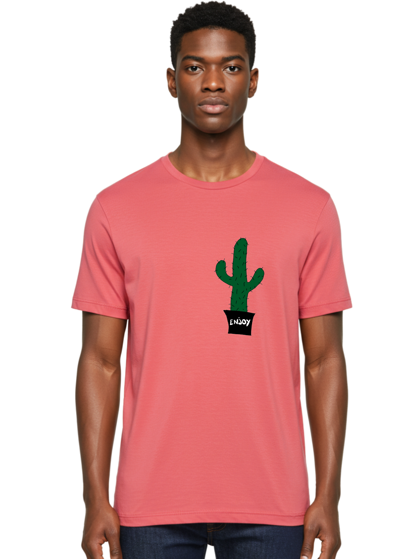 Enjoy Men'S Graphic Tee, 100% Cotton, Comfortable Casual Summer Wear, Machine Washable, Cactus In A Pot, Simple Design, Hand Drawn Illustration, Minimalistic Art, Cactus Plant, Enjoy Message, Modern Decor, Indoor Plants, Quirky Art, -  Aaa033