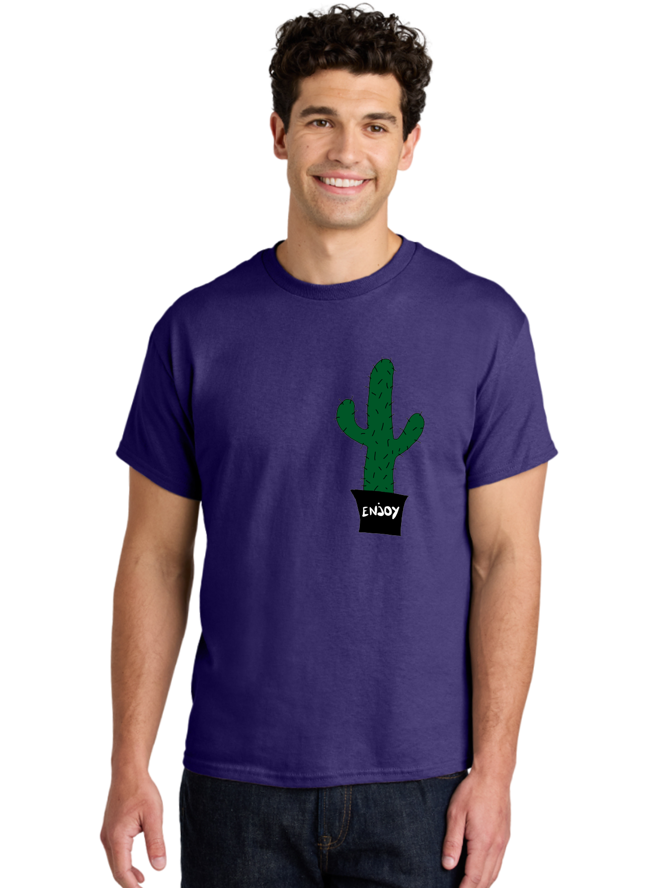 Enjoy Men'S Graphic Tee, 100% Cotton, Comfortable Casual Summer Wear, Machine Washable, Cactus In A Pot, Simple Design, Hand Drawn Illustration, Minimalistic Art, Cactus Plant, Enjoy Message, Modern Decor, Indoor Plants, Quirky Art, -  Aaa033