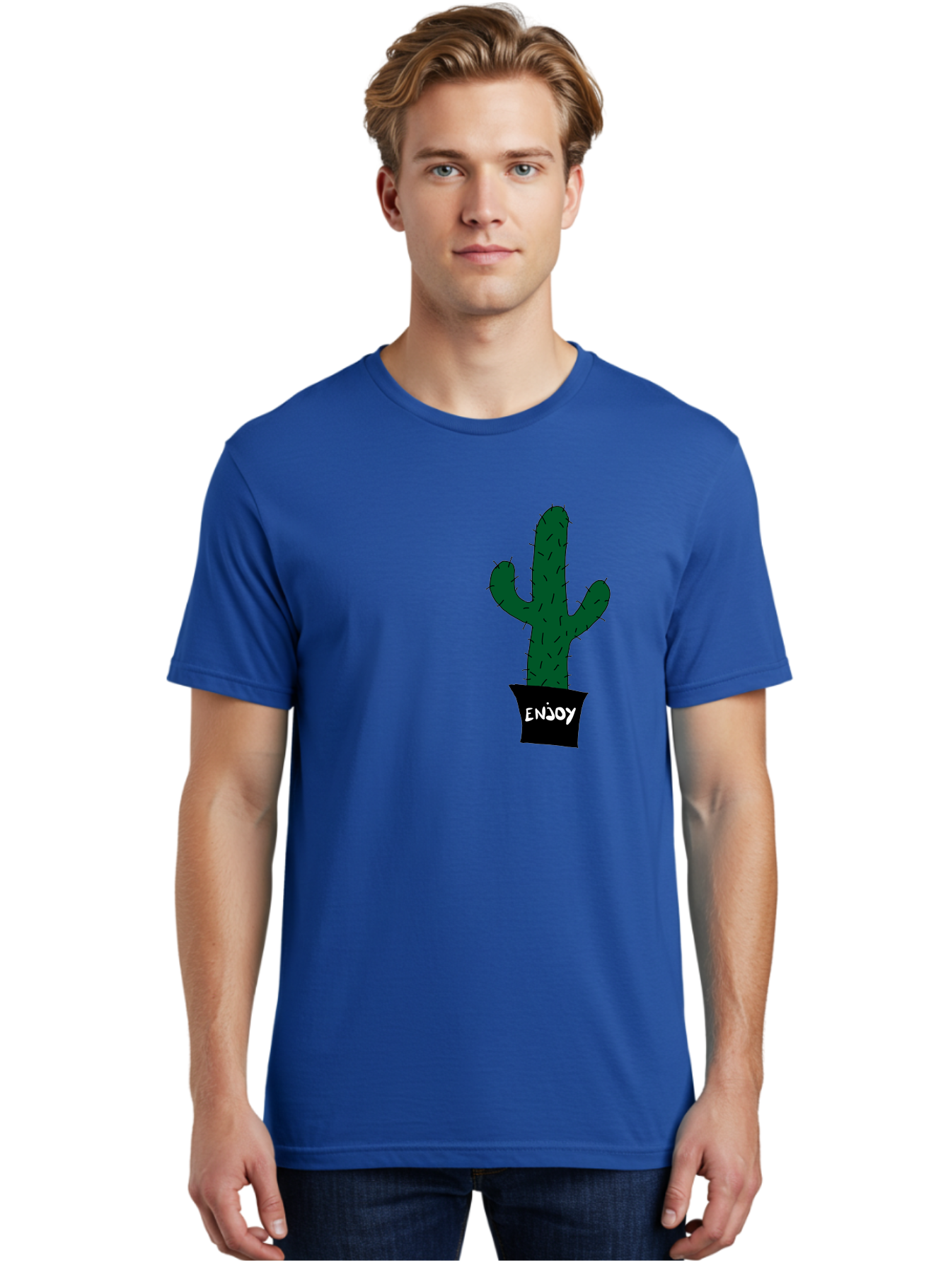 Enjoy Men'S Graphic Tee, 100% Cotton, Comfortable Casual Summer Wear, Machine Washable, Cactus In A Pot, Simple Design, Hand Drawn Illustration, Minimalistic Art, Cactus Plant, Enjoy Message, Modern Decor, Indoor Plants, Quirky Art, -  Aaa033