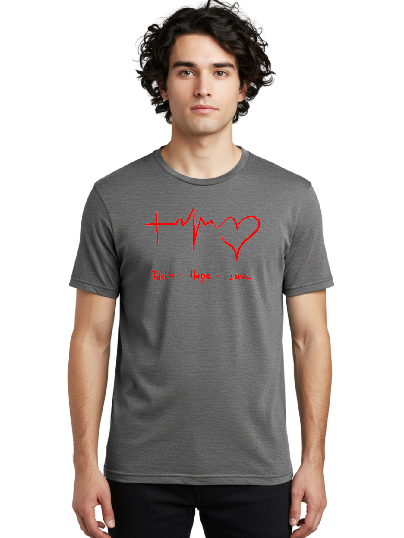 Faith-Hope-Love Men'S Graphic Tee, 100% Cotton, Comfortable Casual Summer Wear, Machine Washable, Heart Rate Monitor Forming A Heart, Faith Hope Love, Inspirational Quote, Love Symbol, Heartbeat Love, Positive Message, Heart Symbol, -  Aaa035