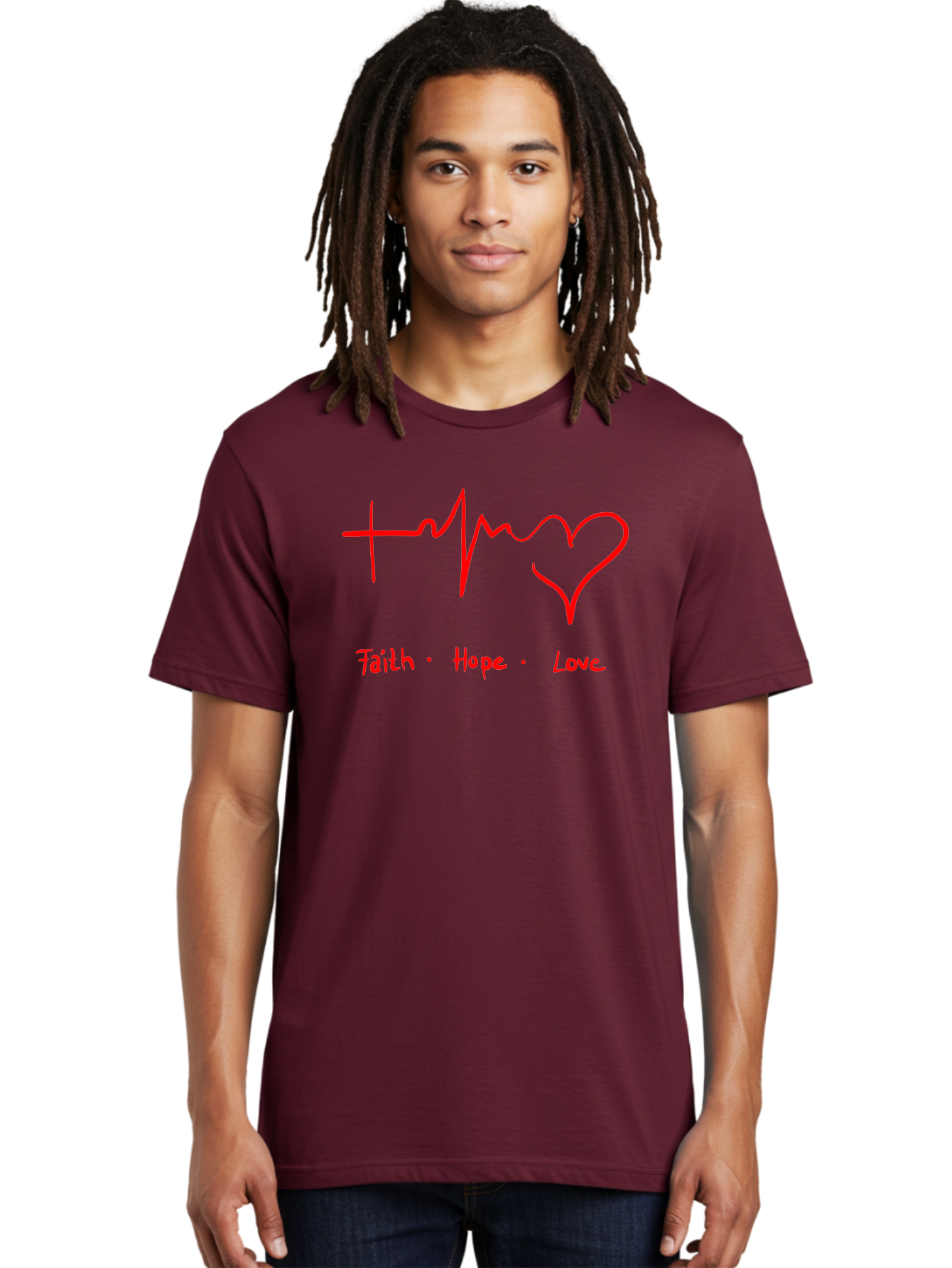 Faith-Hope-Love Men'S Graphic Tee, 100% Cotton, Comfortable Casual Summer Wear, Machine Washable, Heart Rate Monitor Forming A Heart, Faith Hope Love, Inspirational Quote, Love Symbol, Heartbeat Love, Positive Message, Heart Symbol, -  Aaa035