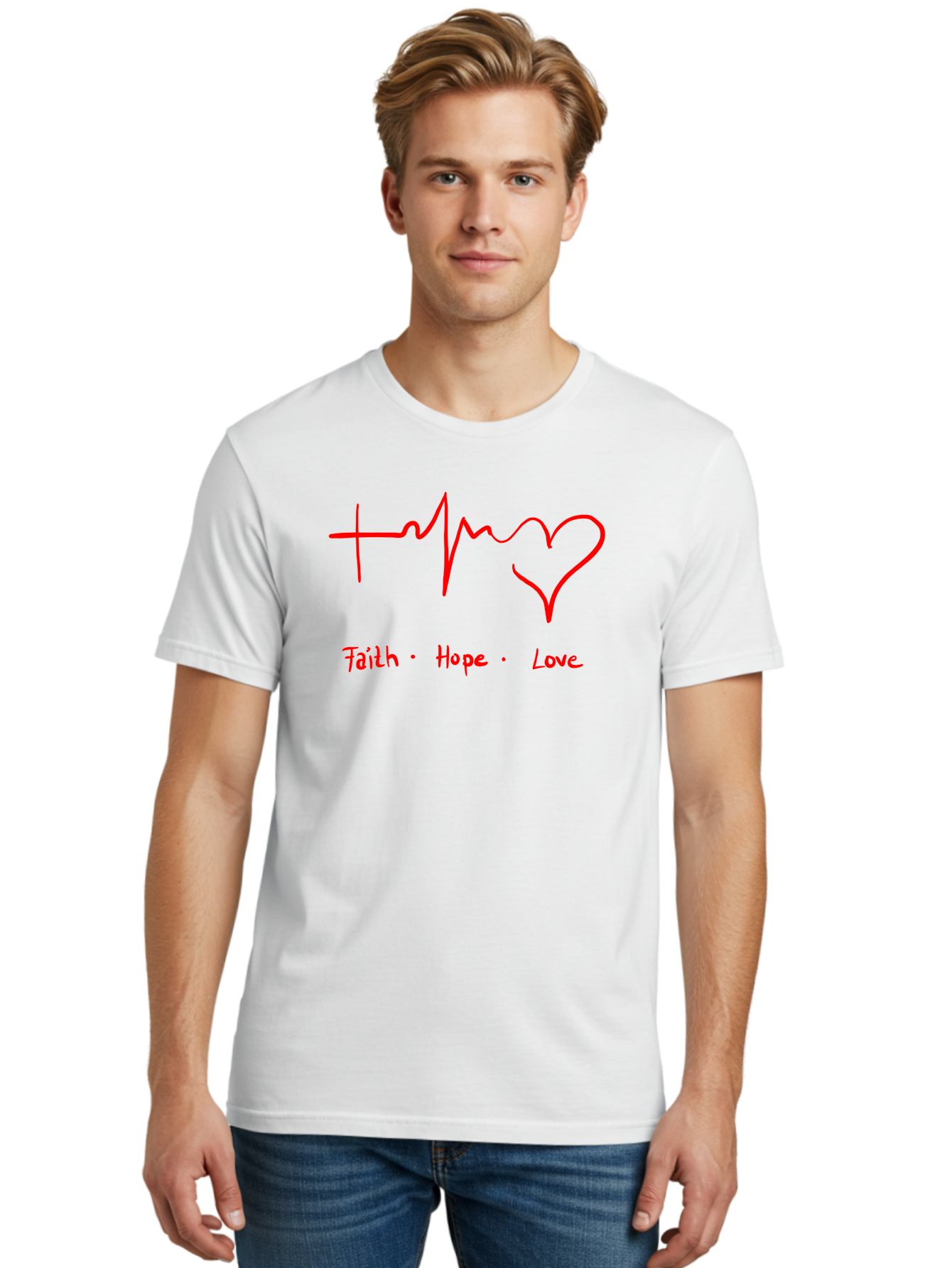 Faith-Hope-Love Men'S Graphic Tee, 100% Cotton, Comfortable Casual Summer Wear, Machine Washable, Heart Rate Monitor Forming A Heart, Faith Hope Love, Inspirational Quote, Love Symbol, Heartbeat Love, Positive Message, Heart Symbol, -  Aaa035