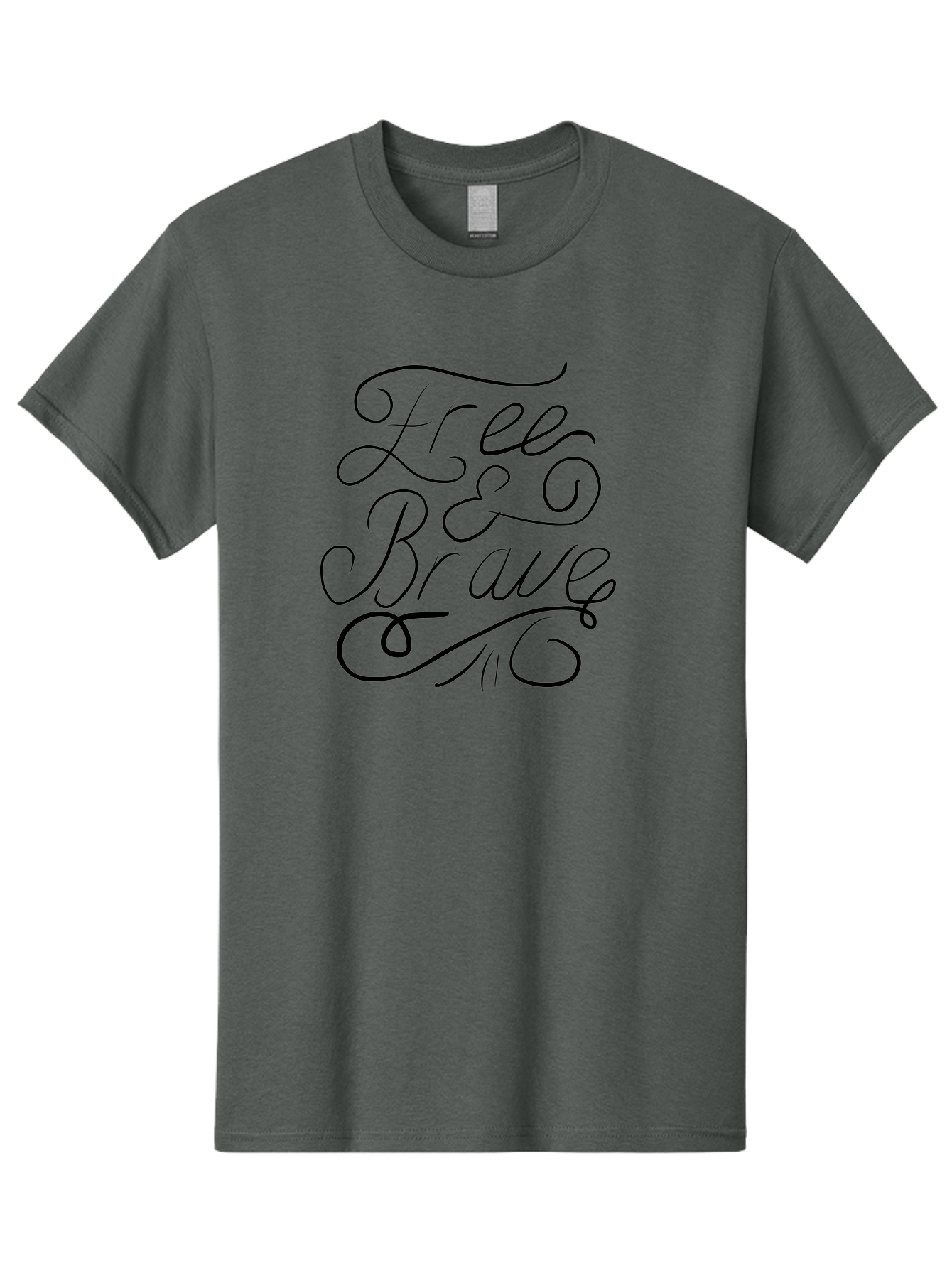 Free-Brave Men'S Graphic Tee, 100% Cotton, Comfortable Casual Summer Wear, Machine Washable, Free & Brave Typography, Inspirational Quotes, Motivational Phrases, Elegant Script, Decorative Lettering, Black Calligraphy -  Aaa039