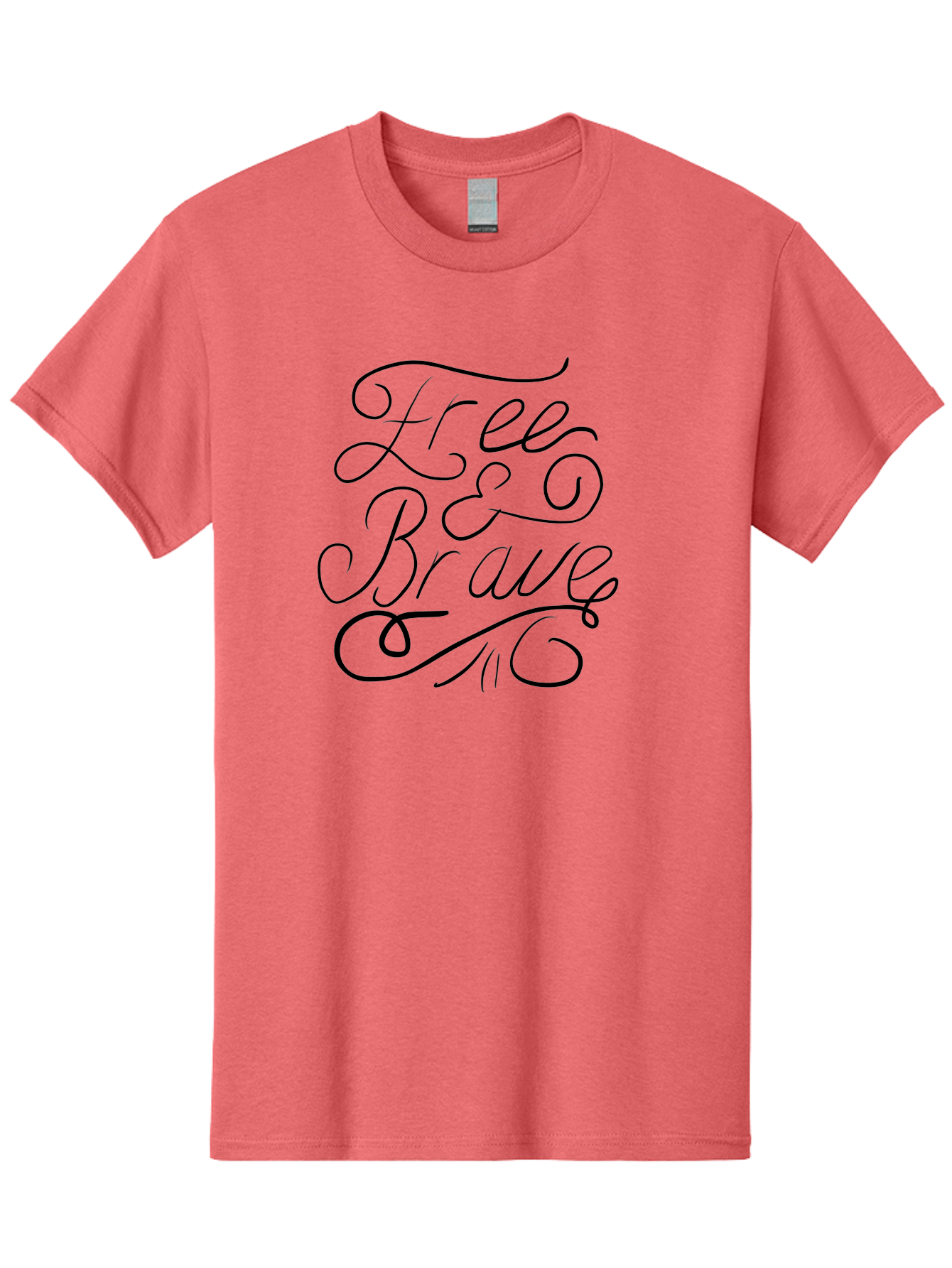 Free-Brave Men'S Graphic Tee, 100% Cotton, Comfortable Casual Summer Wear, Machine Washable, Free & Brave Typography, Inspirational Quotes, Motivational Phrases, Elegant Script, Decorative Lettering, Black Calligraphy -  Aaa039