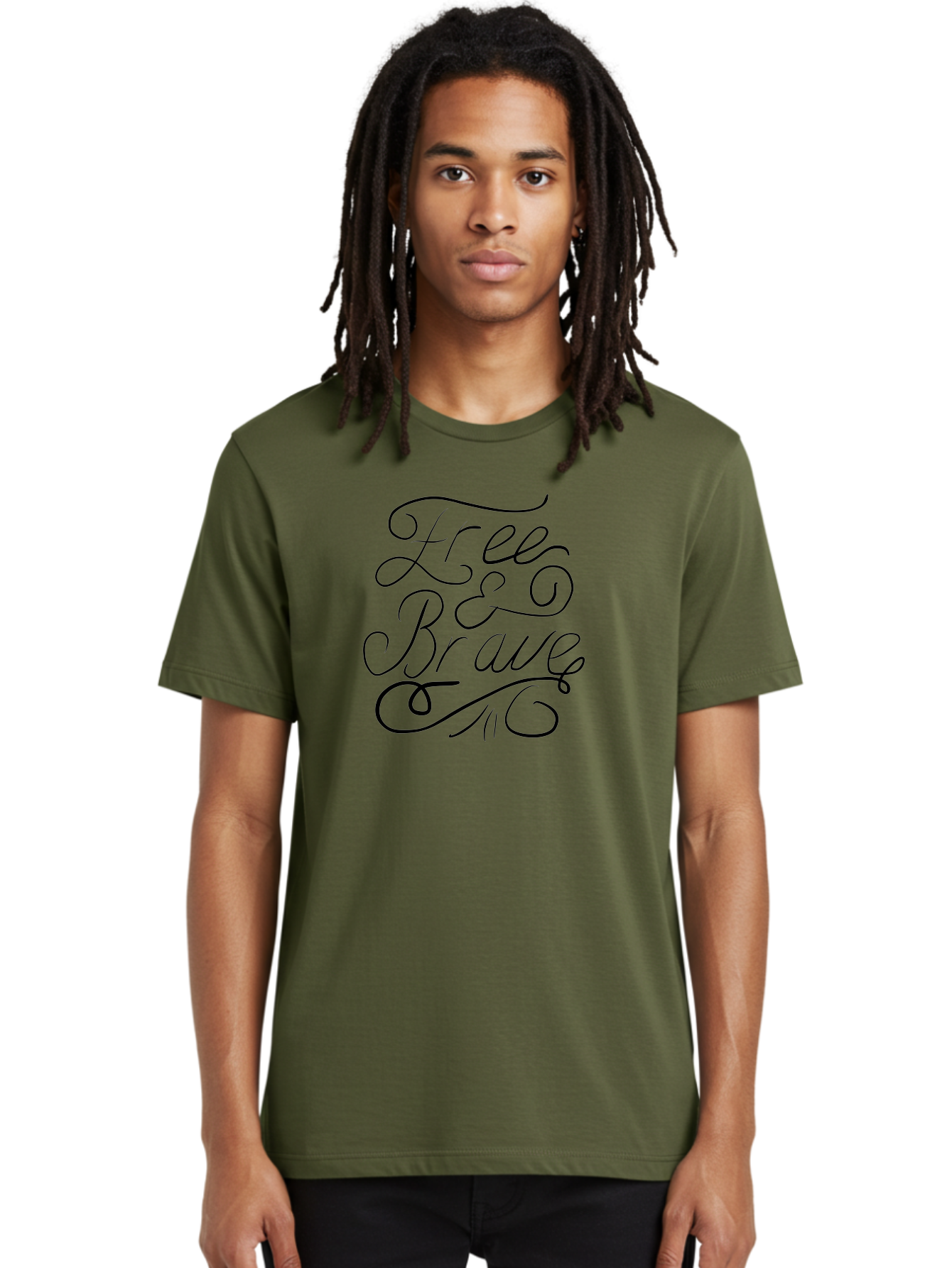 Free-Brave Men'S Graphic Tee, 100% Cotton, Comfortable Casual Summer Wear, Machine Washable, Free & Brave Typography, Inspirational Quotes, Motivational Phrases, Elegant Script, Decorative Lettering, Black Calligraphy -  Aaa039