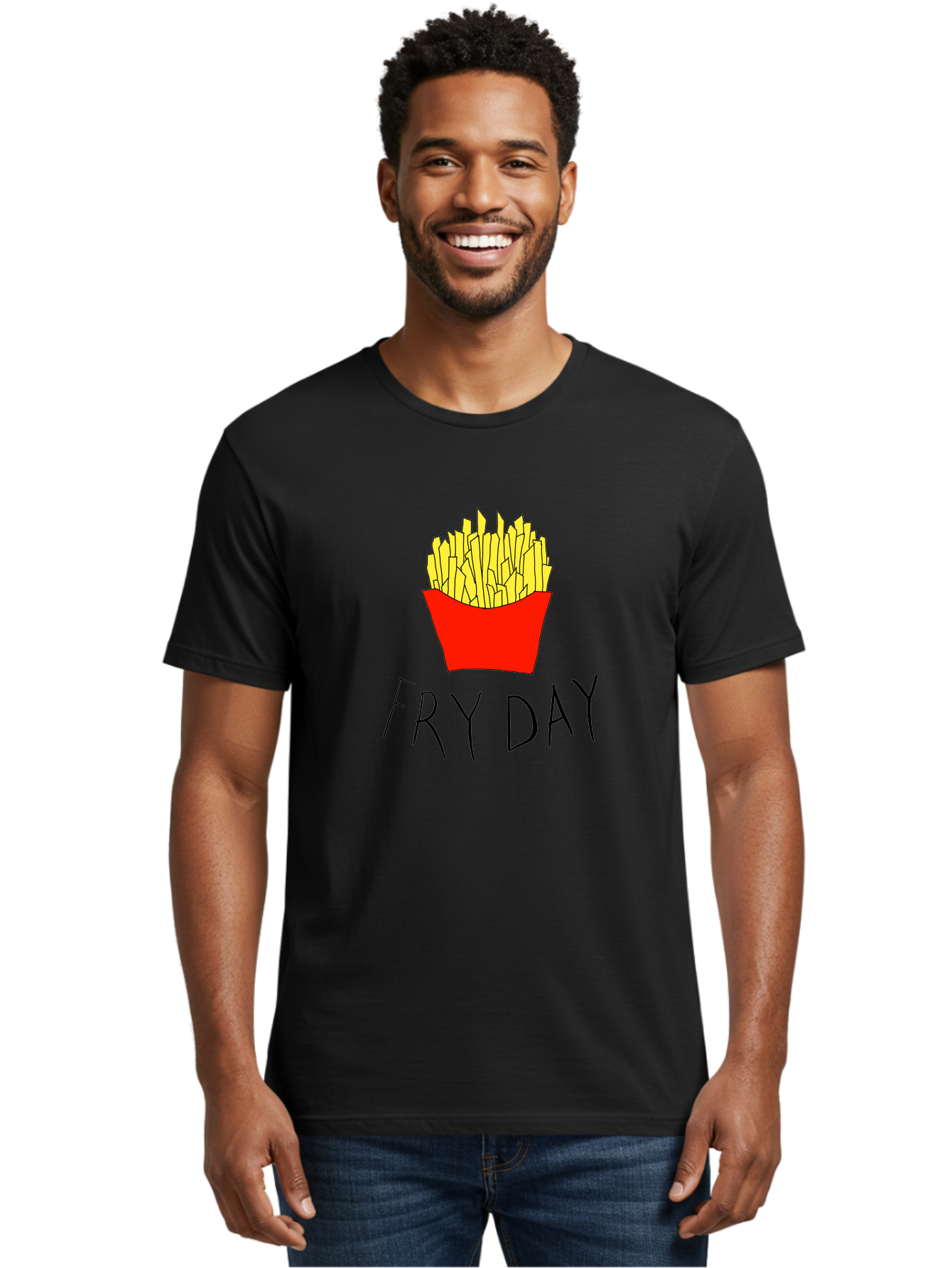 Fry-Day Men'S Graphic Tee, 100% Cotton, Comfortable Casual Summer Wear, Machine Washable, French Fries, Red Container, Yellow Fries, Cartoon Style, Playful Graphics, Food Illustration, Restaurant Promotion -  Aaa041