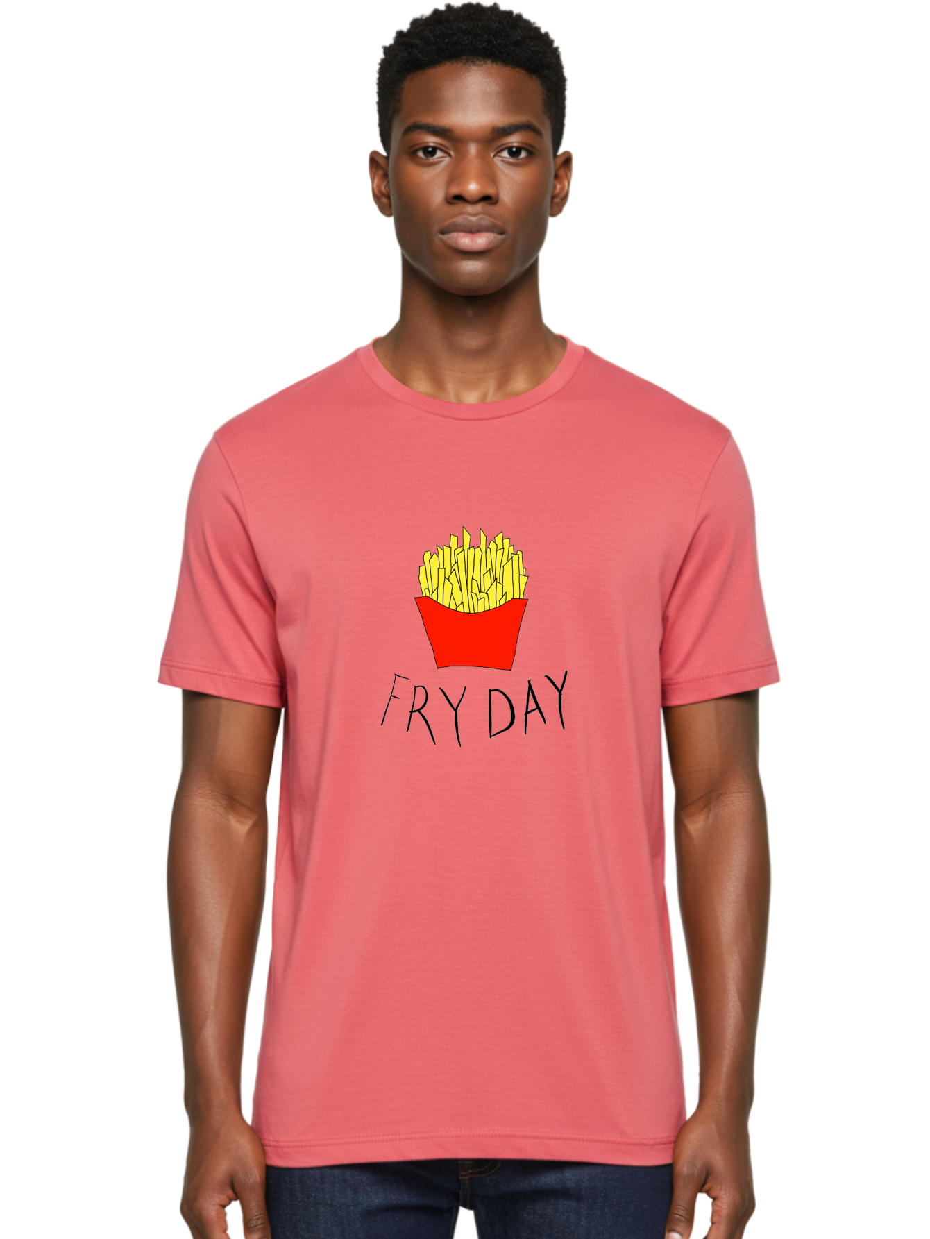 Fry-Day Men'S Graphic Tee, 100% Cotton, Comfortable Casual Summer Wear, Machine Washable, French Fries, Red Container, Yellow Fries, Cartoon Style, Playful Graphics, Food Illustration, Restaurant Promotion -  Aaa041