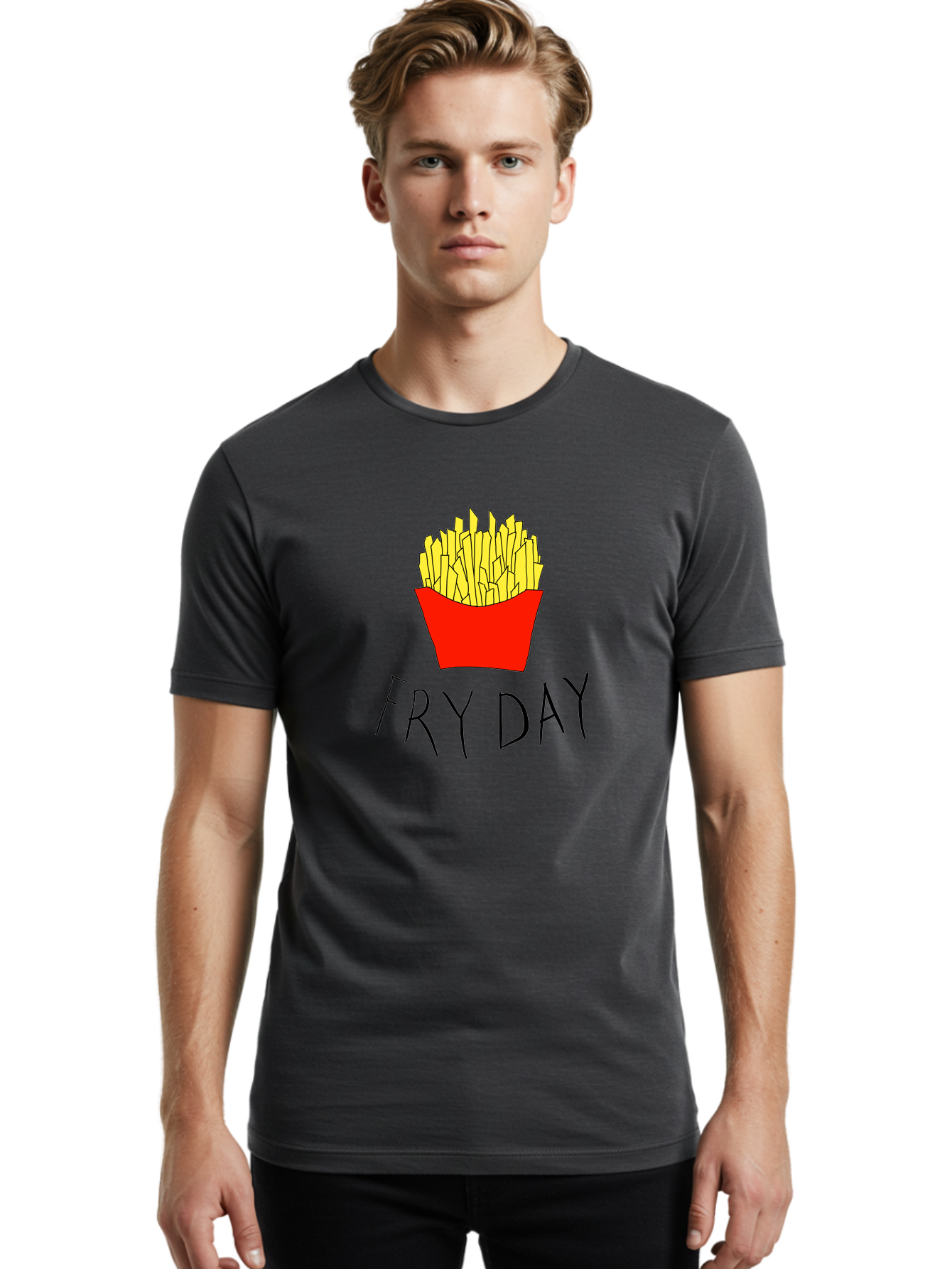 Fry-Day Men'S Graphic Tee, 100% Cotton, Comfortable Casual Summer Wear, Machine Washable, French Fries, Red Container, Yellow Fries, Cartoon Style, Playful Graphics, Food Illustration, Restaurant Promotion -  Aaa041