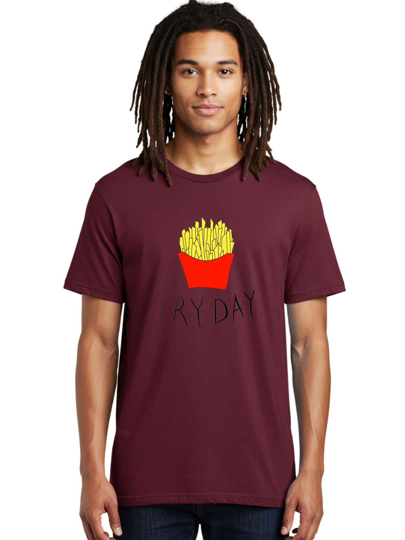 Fry-Day Men'S Graphic Tee, 100% Cotton, Comfortable Casual Summer Wear, Machine Washable, French Fries, Red Container, Yellow Fries, Cartoon Style, Playful Graphics, Food Illustration, Restaurant Promotion -  Aaa041