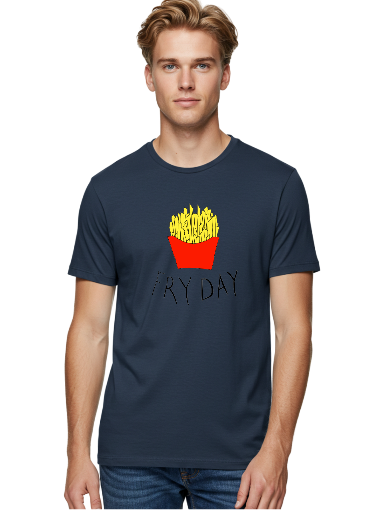 Fry-Day Men'S Graphic Tee, 100% Cotton, Comfortable Casual Summer Wear, Machine Washable, French Fries, Red Container, Yellow Fries, Cartoon Style, Playful Graphics, Food Illustration, Restaurant Promotion -  Aaa041