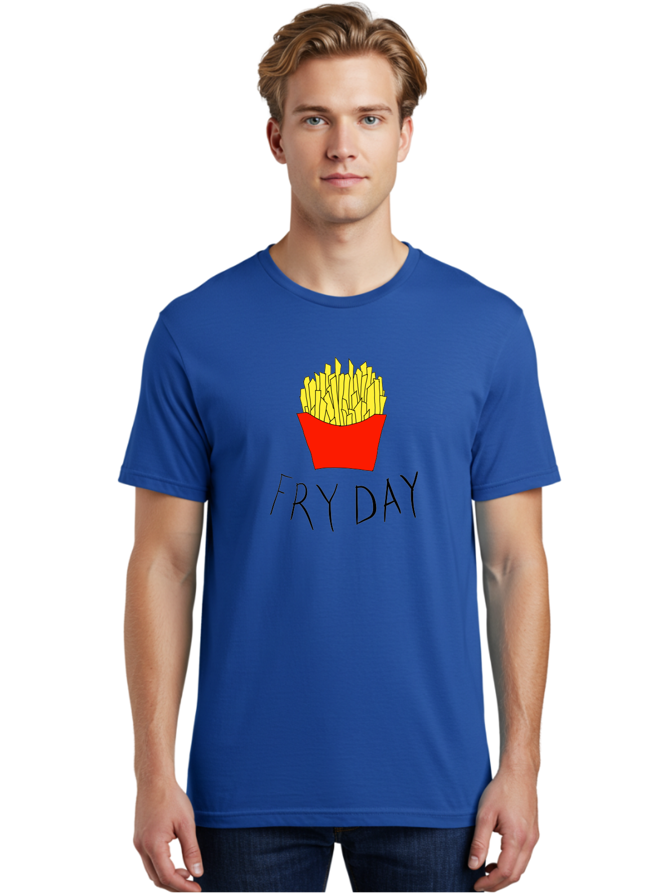Fry-Day Men'S Graphic Tee, 100% Cotton, Comfortable Casual Summer Wear, Machine Washable, French Fries, Red Container, Yellow Fries, Cartoon Style, Playful Graphics, Food Illustration, Restaurant Promotion -  Aaa041
