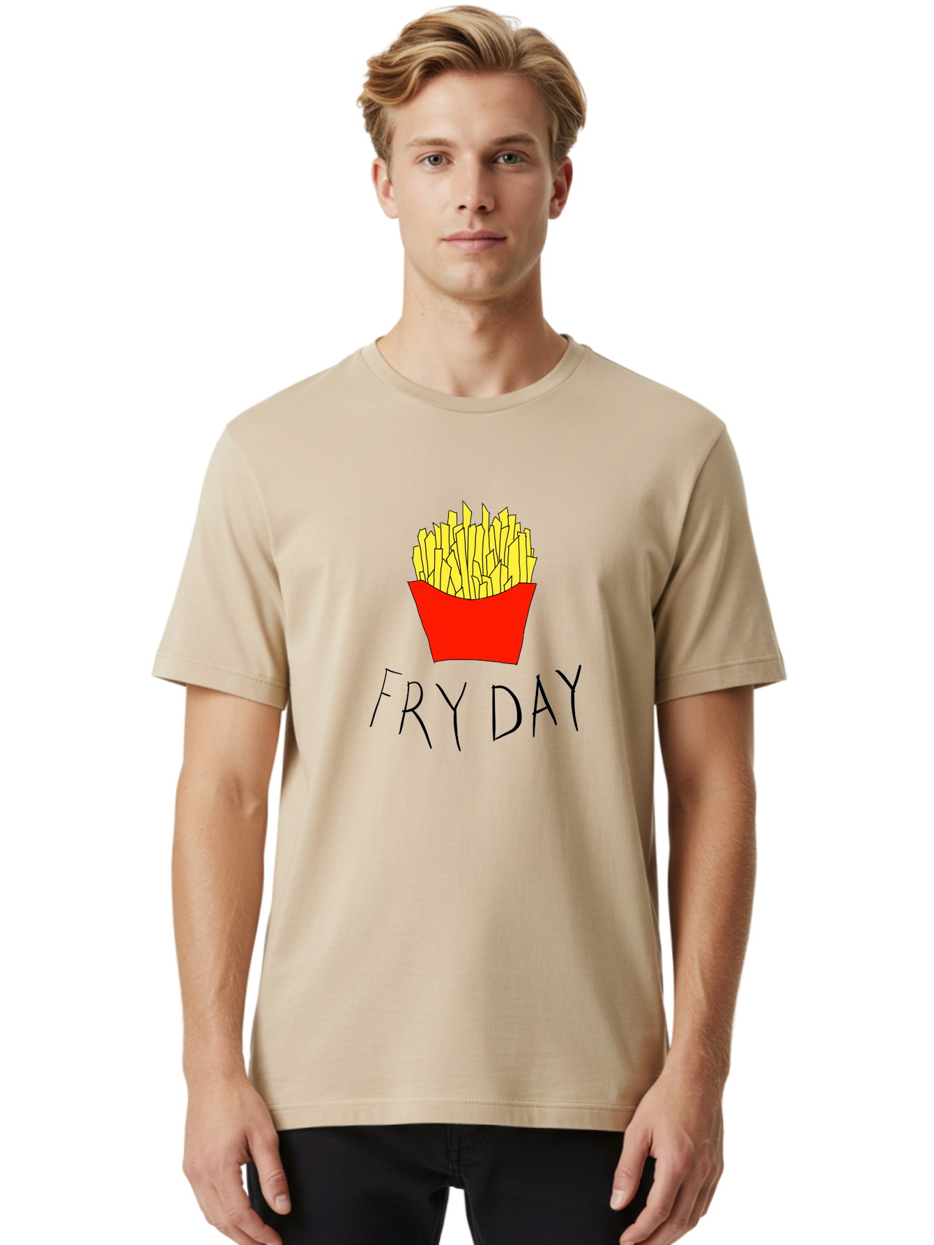 Fry-Day Men'S Graphic Tee, 100% Cotton, Comfortable Casual Summer Wear, Machine Washable, French Fries, Red Container, Yellow Fries, Cartoon Style, Playful Graphics, Food Illustration, Restaurant Promotion -  Aaa041