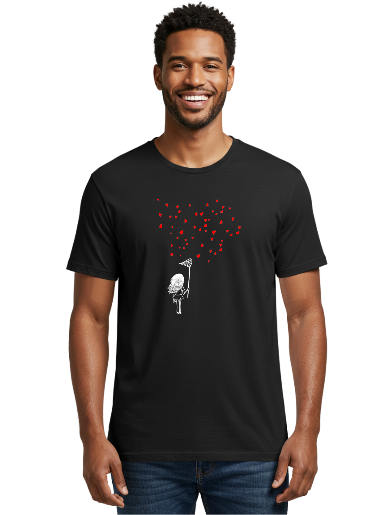 Girl-Catching-Hearts Men'S Graphic Tee, 100% Cotton, Comfortable Casual Summer Wear, Machine Washable, Girl Catching Hearts, Heart-Shaped Objects, Net In Hand, Whimsical Illustration, Playful Theme, Red Hearts, White Outline, Cute Character -  Aaa042