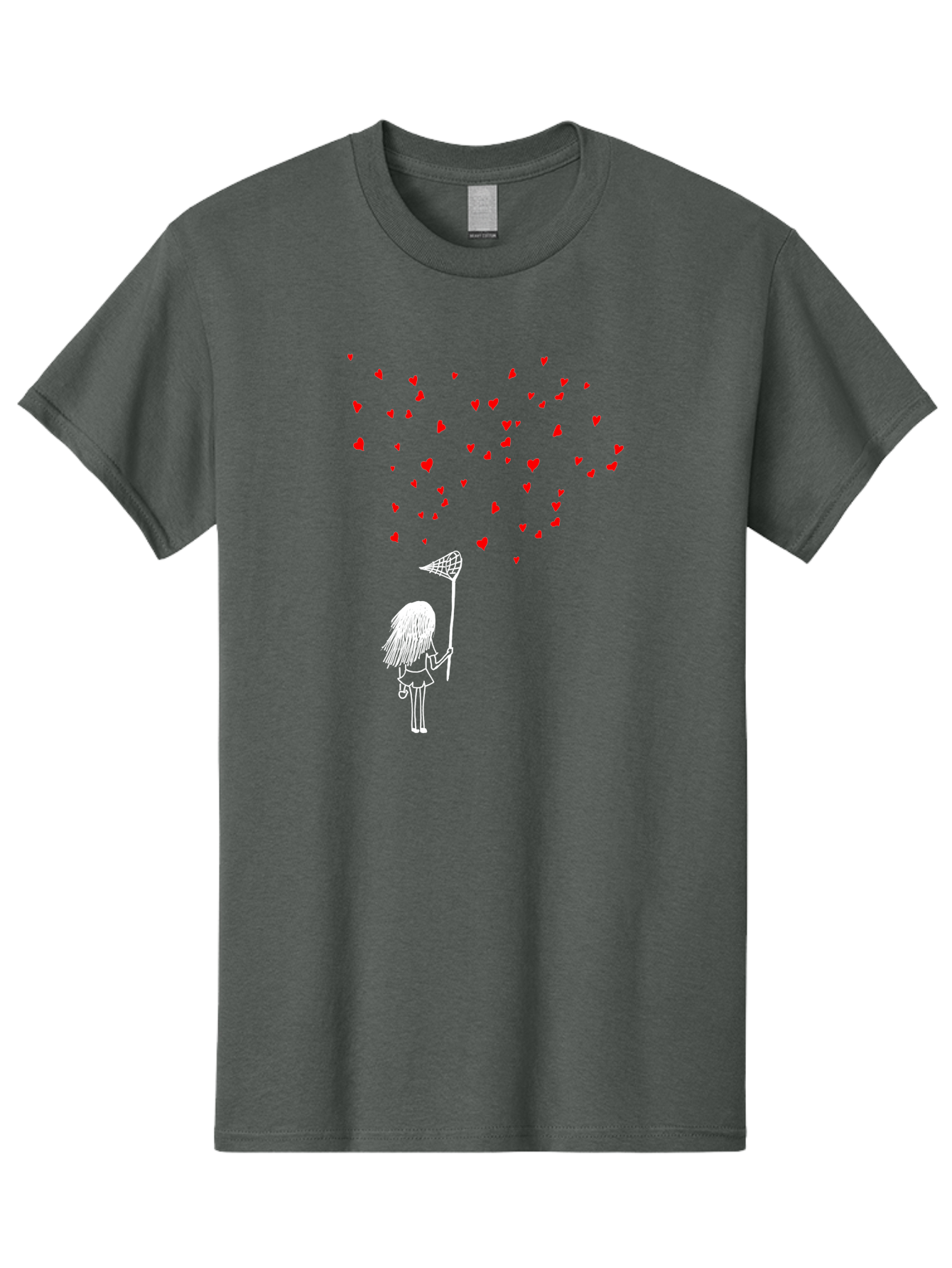 Girl-Catching-Hearts Men'S Graphic Tee, 100% Cotton, Comfortable Casual Summer Wear, Machine Washable, Girl Catching Hearts, Heart-Shaped Objects, Net In Hand, Whimsical Illustration, Playful Theme, Red Hearts, White Outline, Cute Character -  Aaa042