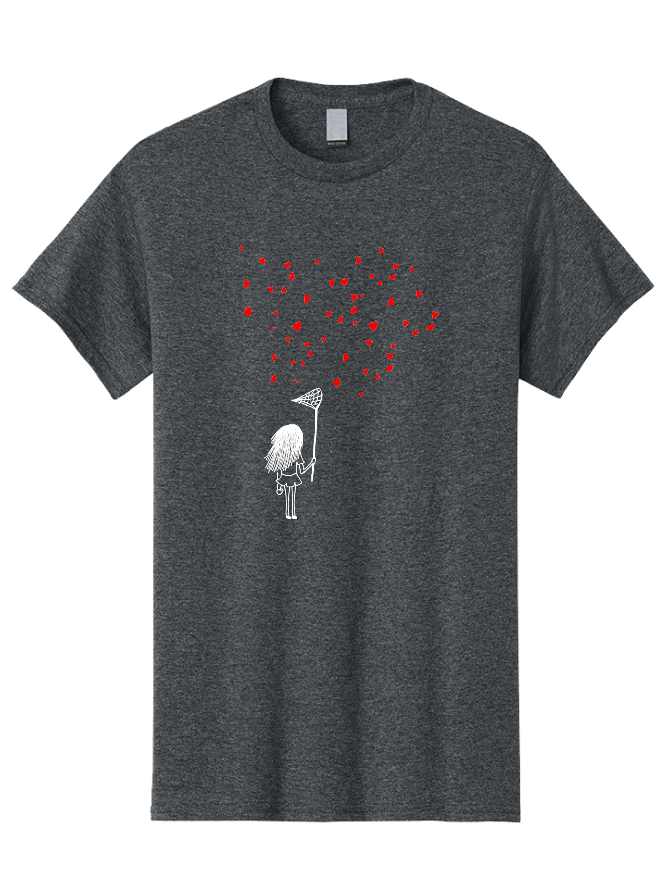 Girl-Catching-Hearts Men'S Graphic Tee, 100% Cotton, Comfortable Casual Summer Wear, Machine Washable, Girl Catching Hearts, Heart-Shaped Objects, Net In Hand, Whimsical Illustration, Playful Theme, Red Hearts, White Outline, Cute Character -  Aaa042
