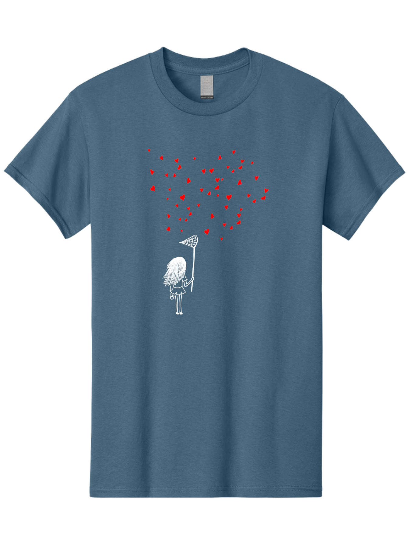 Girl-Catching-Hearts Men'S Graphic Tee, 100% Cotton, Comfortable Casual Summer Wear, Machine Washable, Girl Catching Hearts, Heart-Shaped Objects, Net In Hand, Whimsical Illustration, Playful Theme, Red Hearts, White Outline, Cute Character -  Aaa042