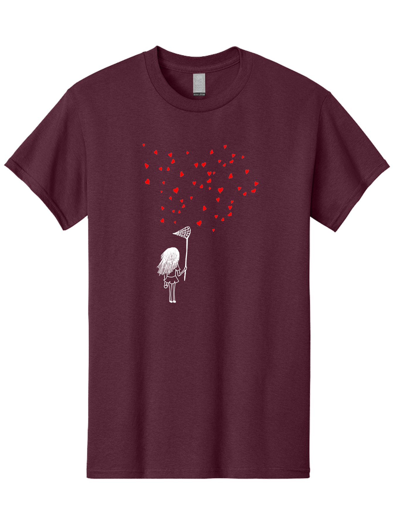 Girl-Catching-Hearts Men'S Graphic Tee, 100% Cotton, Comfortable Casual Summer Wear, Machine Washable, Girl Catching Hearts, Heart-Shaped Objects, Net In Hand, Whimsical Illustration, Playful Theme, Red Hearts, White Outline, Cute Character -  Aaa042