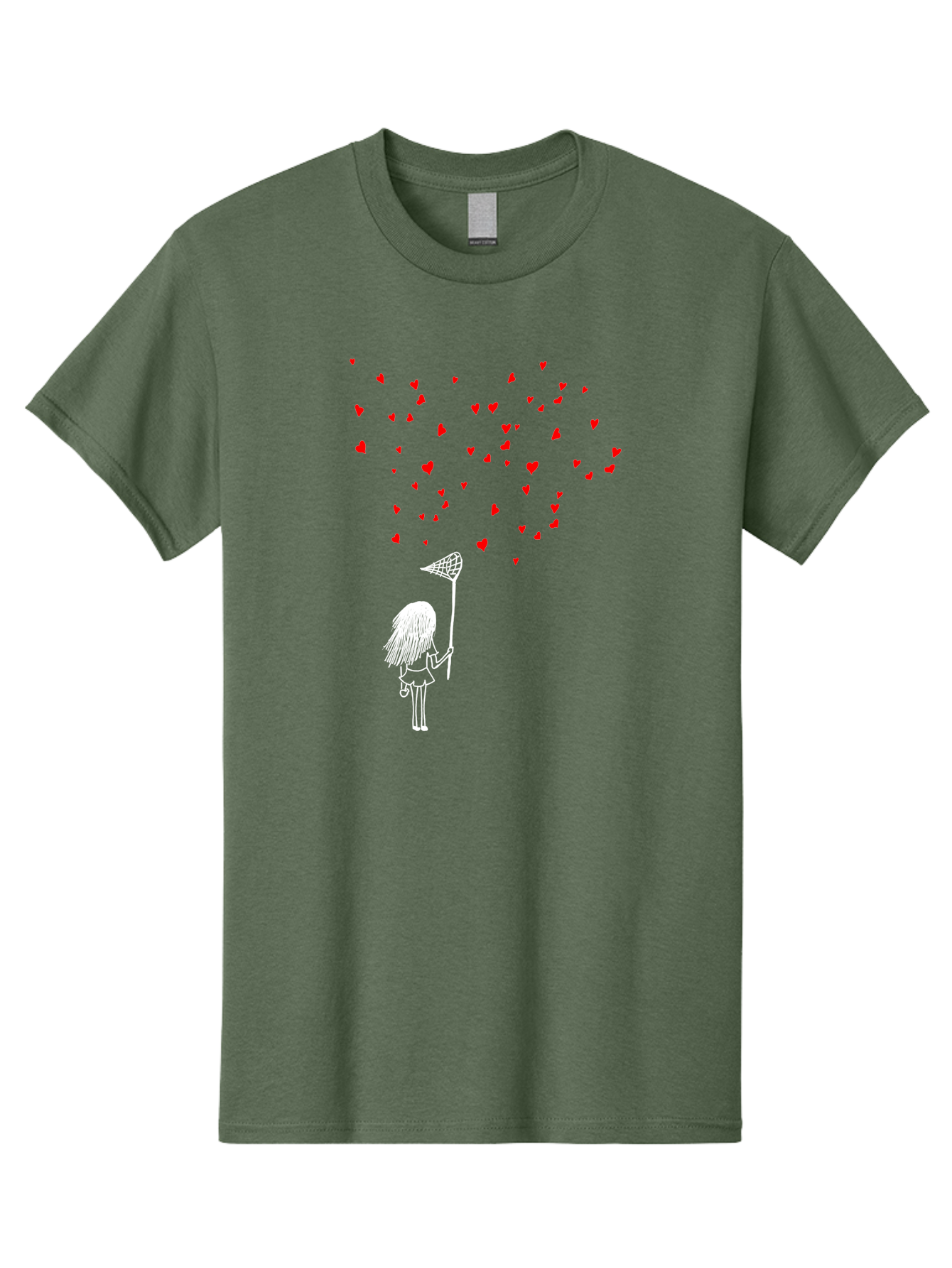 Girl-Catching-Hearts Men'S Graphic Tee, 100% Cotton, Comfortable Casual Summer Wear, Machine Washable, Girl Catching Hearts, Heart-Shaped Objects, Net In Hand, Whimsical Illustration, Playful Theme, Red Hearts, White Outline, Cute Character -  Aaa042