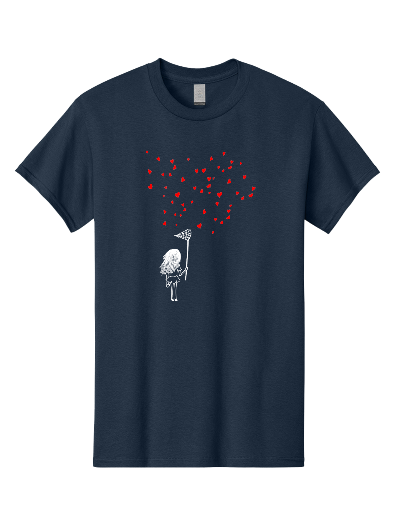 Girl-Catching-Hearts Men'S Graphic Tee, 100% Cotton, Comfortable Casual Summer Wear, Machine Washable, Girl Catching Hearts, Heart-Shaped Objects, Net In Hand, Whimsical Illustration, Playful Theme, Red Hearts, White Outline, Cute Character -  Aaa042
