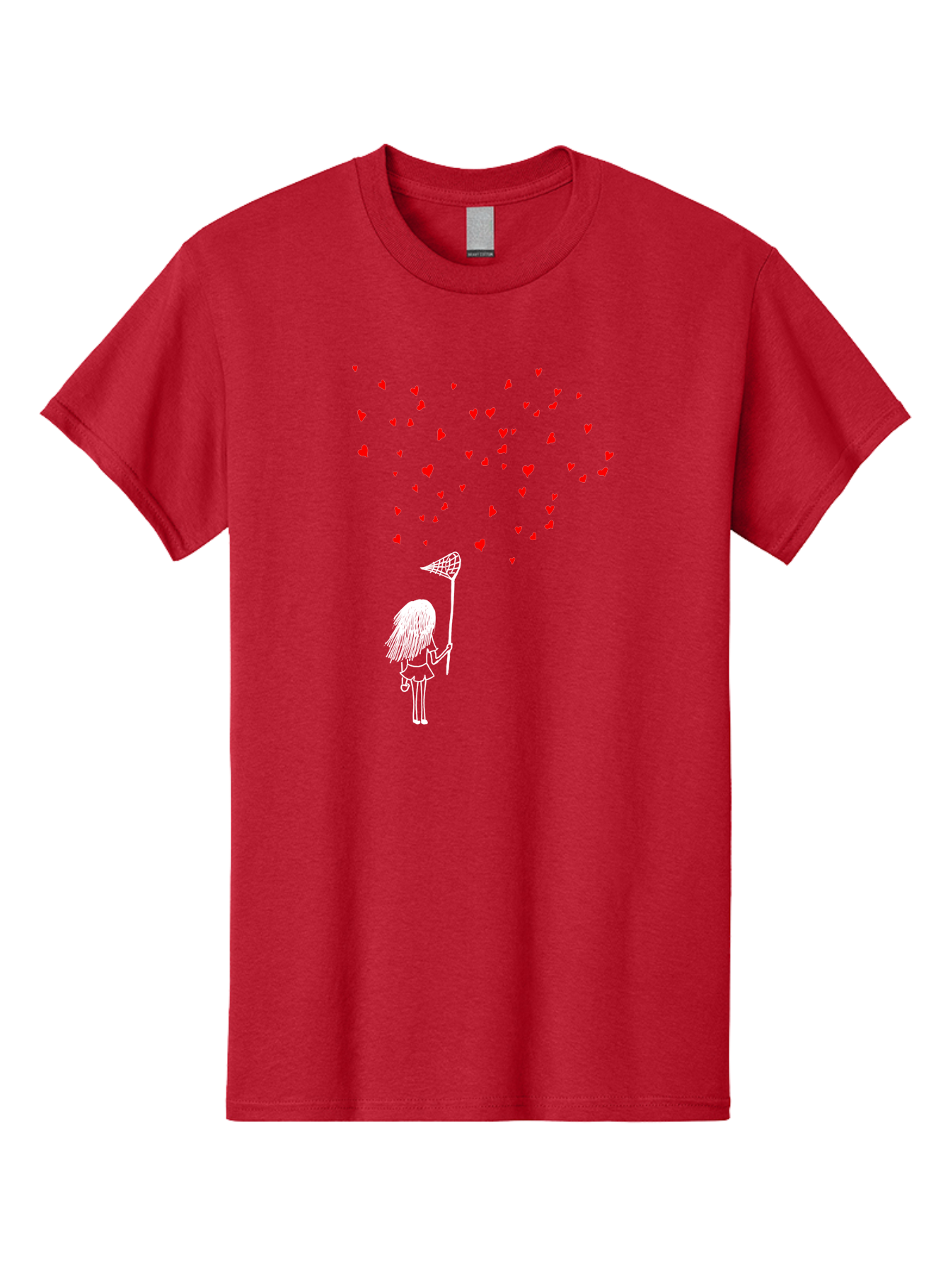 Girl-Catching-Hearts Men'S Graphic Tee, 100% Cotton, Comfortable Casual Summer Wear, Machine Washable, Girl Catching Hearts, Heart-Shaped Objects, Net In Hand, Whimsical Illustration, Playful Theme, Red Hearts, White Outline, Cute Character -  Aaa042