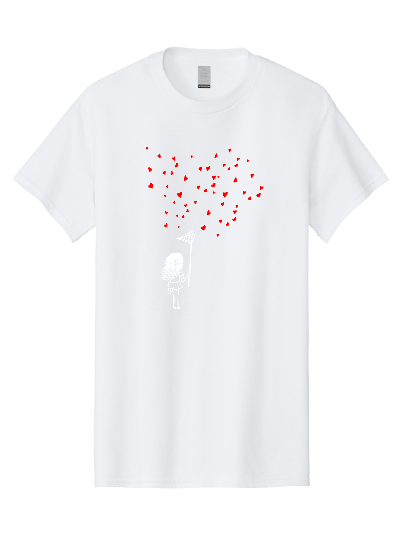 Girl-Catching-Hearts Men'S Graphic Tee, 100% Cotton, Comfortable Casual Summer Wear, Machine Washable, Girl Catching Hearts, Heart-Shaped Objects, Net In Hand, Whimsical Illustration, Playful Theme, Red Hearts, White Outline, Cute Character -  Aaa042