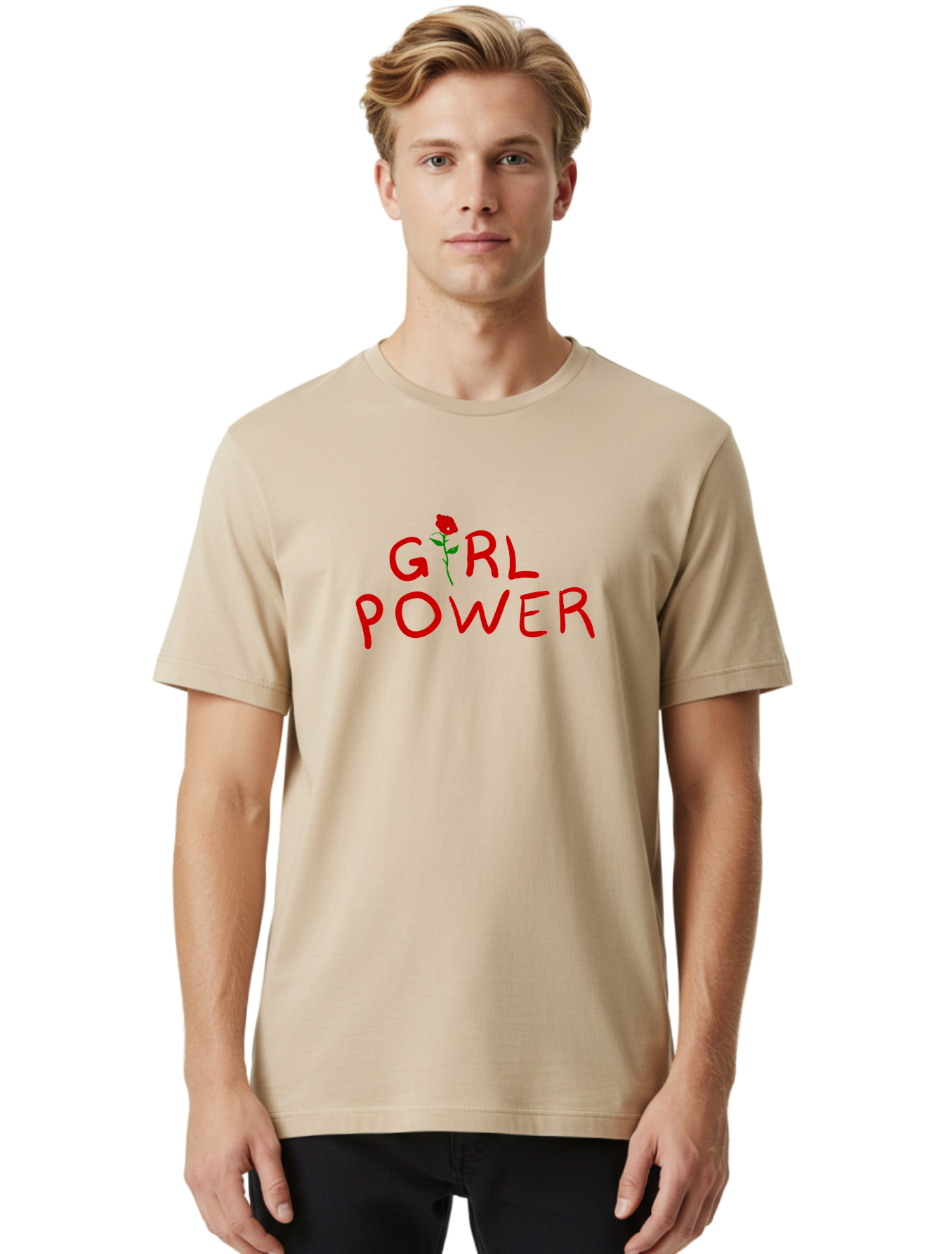 Girl-Power Men'S Graphic Tee, 100% Cotton, Comfortable Casual Summer Wear, Machine Washable, Girl Power, Feminist Movement, Empowerment, Red Rose, Symbol Of Strength, Women'S Rights, Independence -  Aaa043
