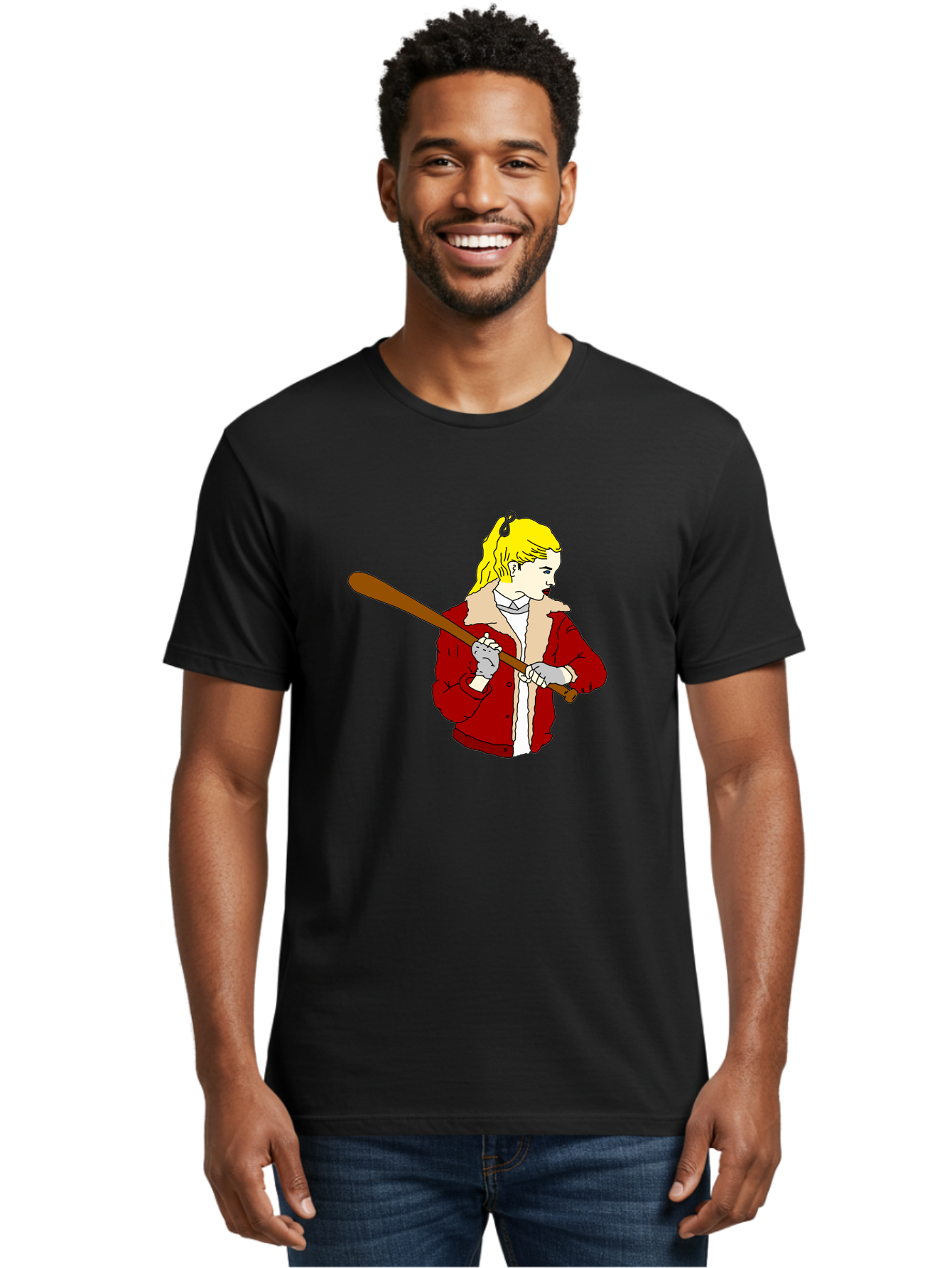 Girl-With-Baseball-Bat Men'S Graphic Tee, 100% Cotton, Comfortable Casual Summer Wear, Machine Washable, Girl With Blonde Hair, Red Jacket With Fur Collar, Holding Baseball Bat, Cartoon Style, Baseball Player, Young Athlete, Sporty Girl, -  Aaa044