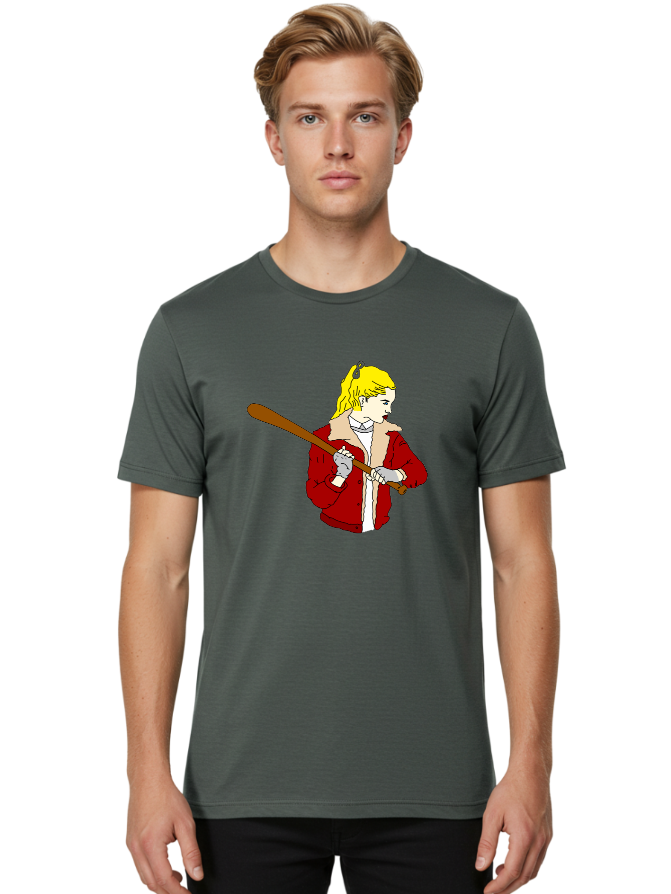 Girl-With-Baseball-Bat Men'S Graphic Tee, 100% Cotton, Comfortable Casual Summer Wear, Machine Washable, Girl With Blonde Hair, Red Jacket With Fur Collar, Holding Baseball Bat, Cartoon Style, Baseball Player, Young Athlete, Sporty Girl, -  Aaa044