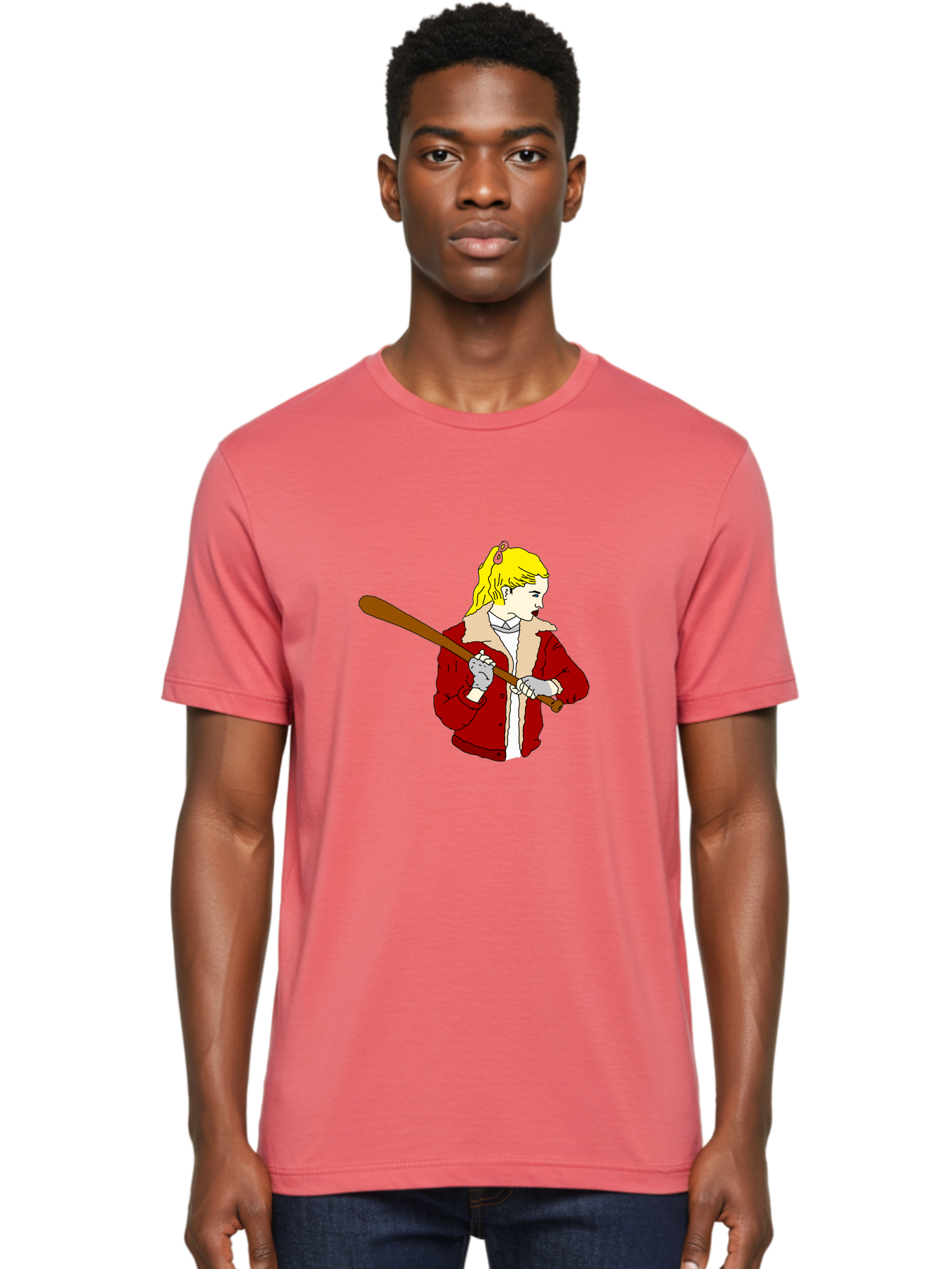 Girl-With-Baseball-Bat Men'S Graphic Tee, 100% Cotton, Comfortable Casual Summer Wear, Machine Washable, Girl With Blonde Hair, Red Jacket With Fur Collar, Holding Baseball Bat, Cartoon Style, Baseball Player, Young Athlete, Sporty Girl, -  Aaa044