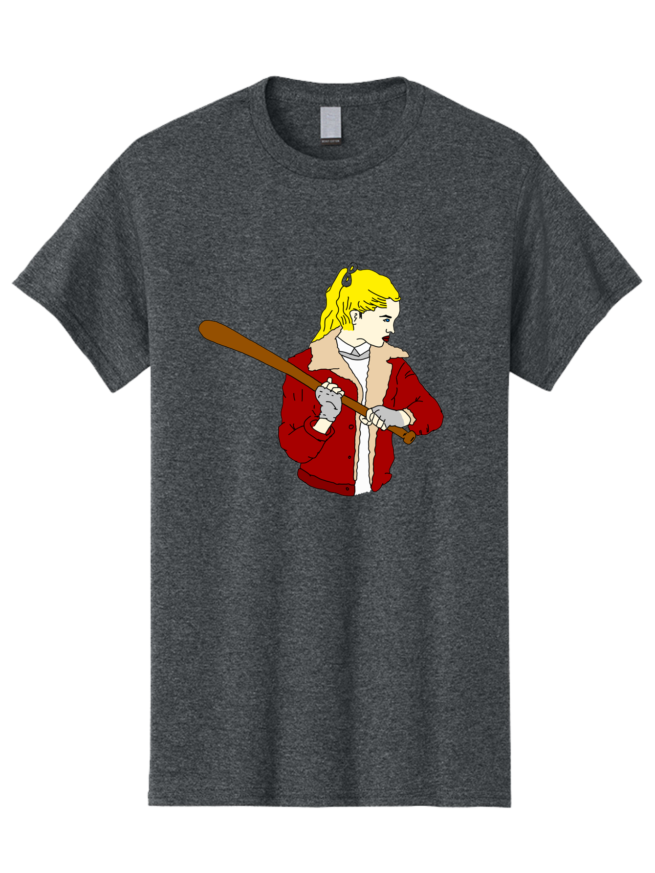 Girl-With-Baseball-Bat Men'S Graphic Tee, 100% Cotton, Comfortable Casual Summer Wear, Machine Washable, Girl With Blonde Hair, Red Jacket With Fur Collar, Holding Baseball Bat, Cartoon Style, Baseball Player, Young Athlete, Sporty Girl, -  Aaa044