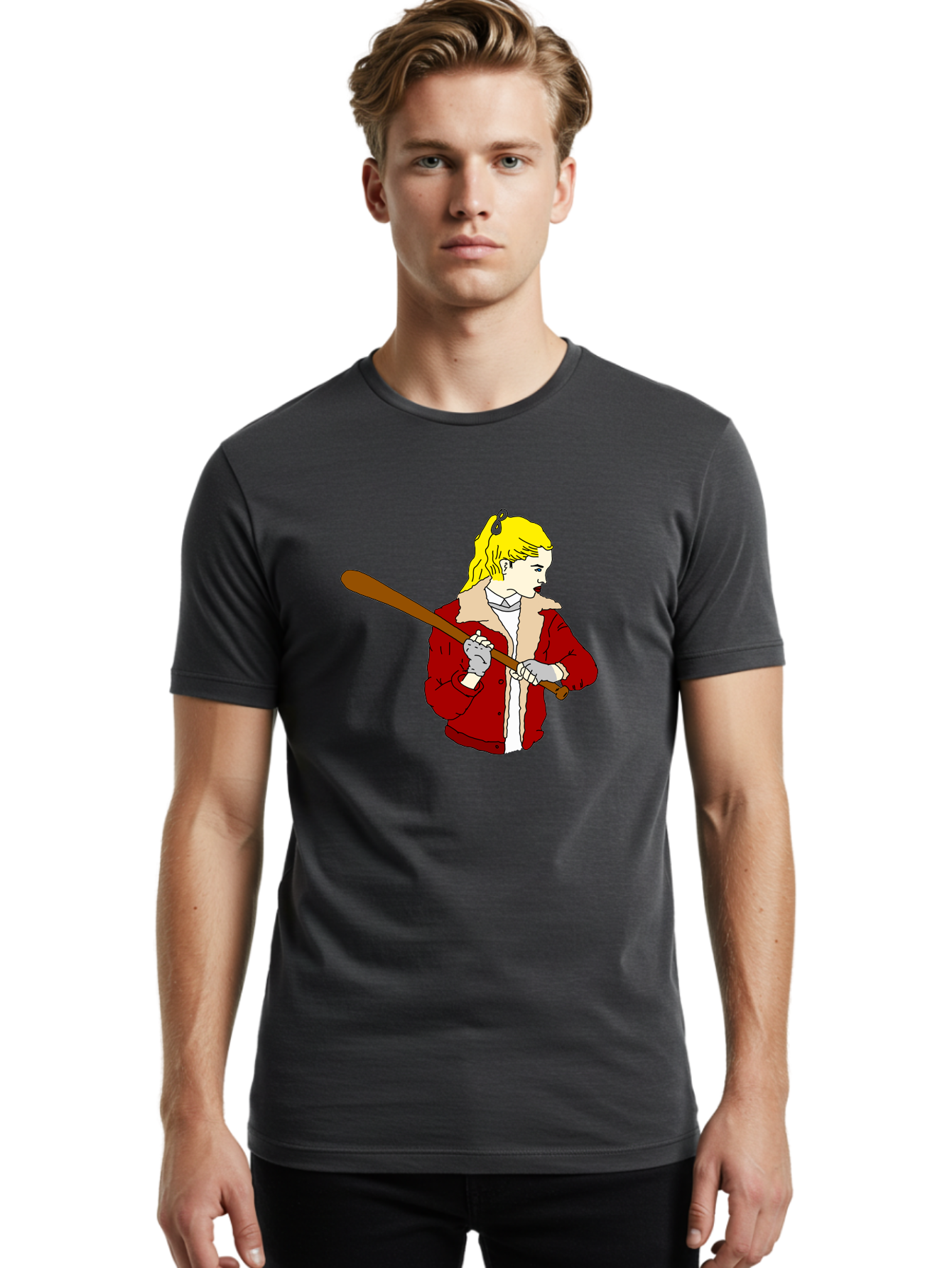 Girl-With-Baseball-Bat Men'S Graphic Tee, 100% Cotton, Comfortable Casual Summer Wear, Machine Washable, Girl With Blonde Hair, Red Jacket With Fur Collar, Holding Baseball Bat, Cartoon Style, Baseball Player, Young Athlete, Sporty Girl, -  Aaa044