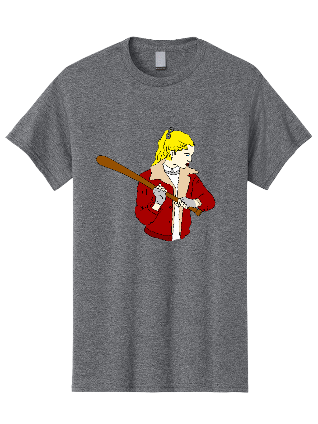 Girl-With-Baseball-Bat Men'S Graphic Tee, 100% Cotton, Comfortable Casual Summer Wear, Machine Washable, Girl With Blonde Hair, Red Jacket With Fur Collar, Holding Baseball Bat, Cartoon Style, Baseball Player, Young Athlete, Sporty Girl, -  Aaa044