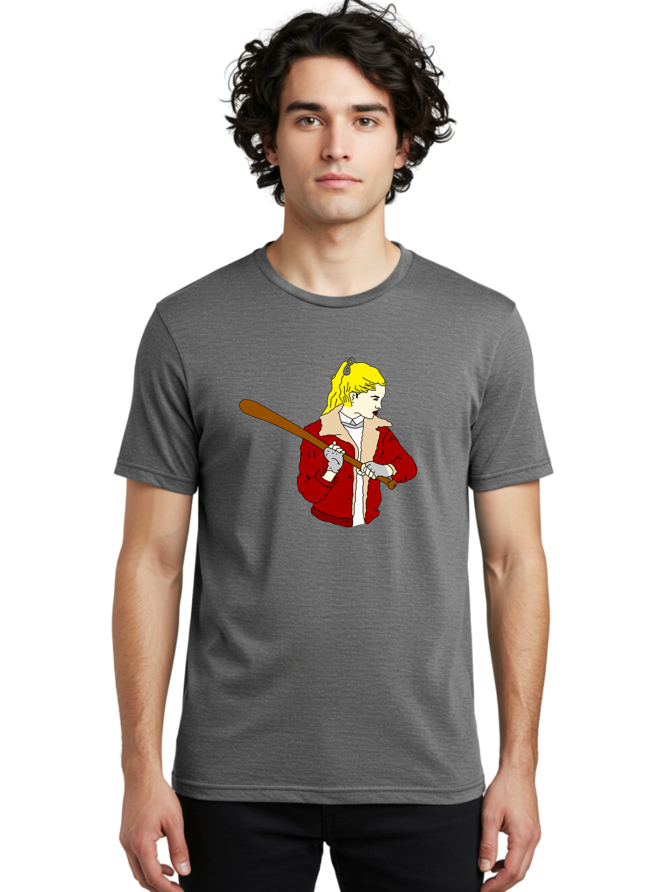 Girl-With-Baseball-Bat Men'S Graphic Tee, 100% Cotton, Comfortable Casual Summer Wear, Machine Washable, Girl With Blonde Hair, Red Jacket With Fur Collar, Holding Baseball Bat, Cartoon Style, Baseball Player, Young Athlete, Sporty Girl, -  Aaa044