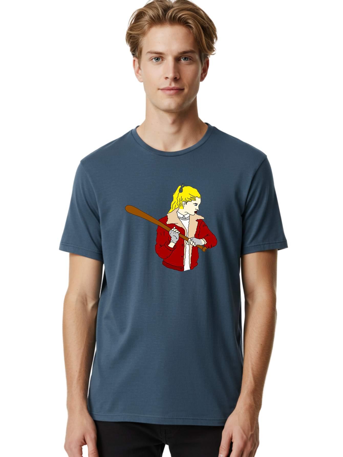 Girl-With-Baseball-Bat Men'S Graphic Tee, 100% Cotton, Comfortable Casual Summer Wear, Machine Washable, Girl With Blonde Hair, Red Jacket With Fur Collar, Holding Baseball Bat, Cartoon Style, Baseball Player, Young Athlete, Sporty Girl, -  Aaa044