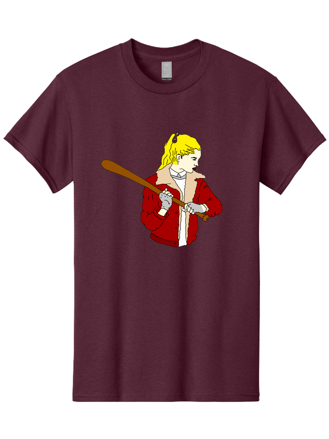 Girl-With-Baseball-Bat Men'S Graphic Tee, 100% Cotton, Comfortable Casual Summer Wear, Machine Washable, Girl With Blonde Hair, Red Jacket With Fur Collar, Holding Baseball Bat, Cartoon Style, Baseball Player, Young Athlete, Sporty Girl, -  Aaa044