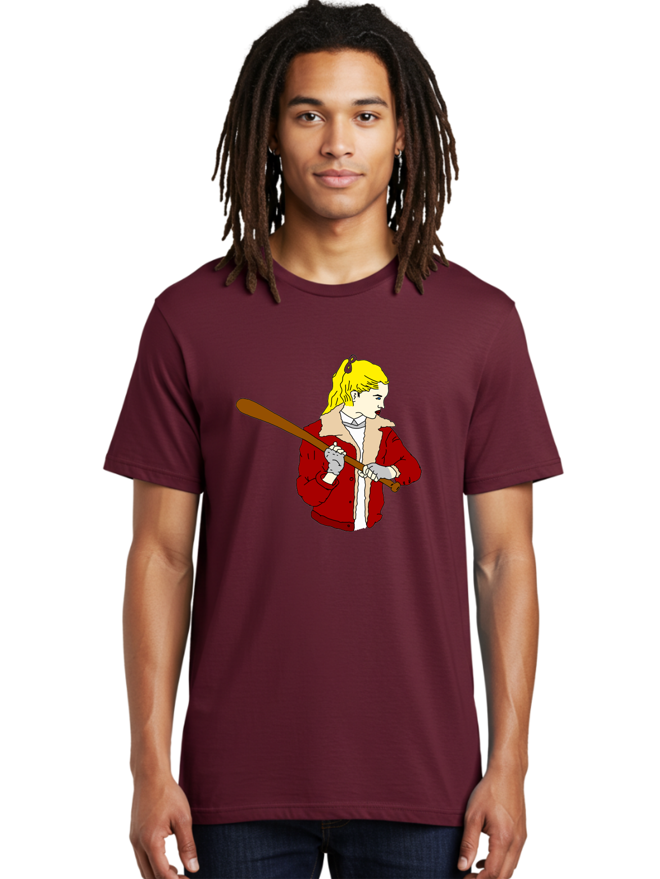 Girl-With-Baseball-Bat Men'S Graphic Tee, 100% Cotton, Comfortable Casual Summer Wear, Machine Washable, Girl With Blonde Hair, Red Jacket With Fur Collar, Holding Baseball Bat, Cartoon Style, Baseball Player, Young Athlete, Sporty Girl, -  Aaa044