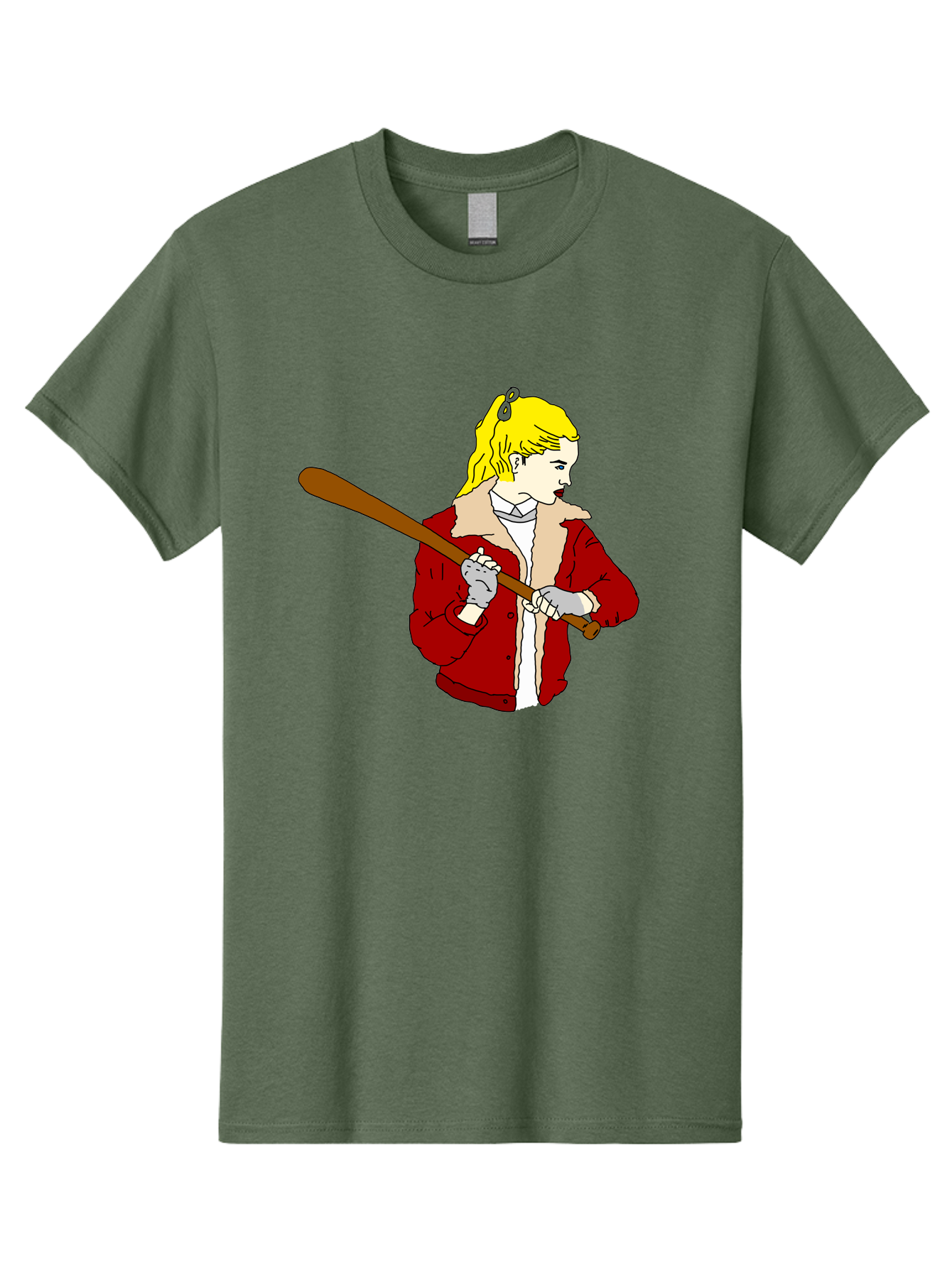 Girl-With-Baseball-Bat Men'S Graphic Tee, 100% Cotton, Comfortable Casual Summer Wear, Machine Washable, Girl With Blonde Hair, Red Jacket With Fur Collar, Holding Baseball Bat, Cartoon Style, Baseball Player, Young Athlete, Sporty Girl, -  Aaa044