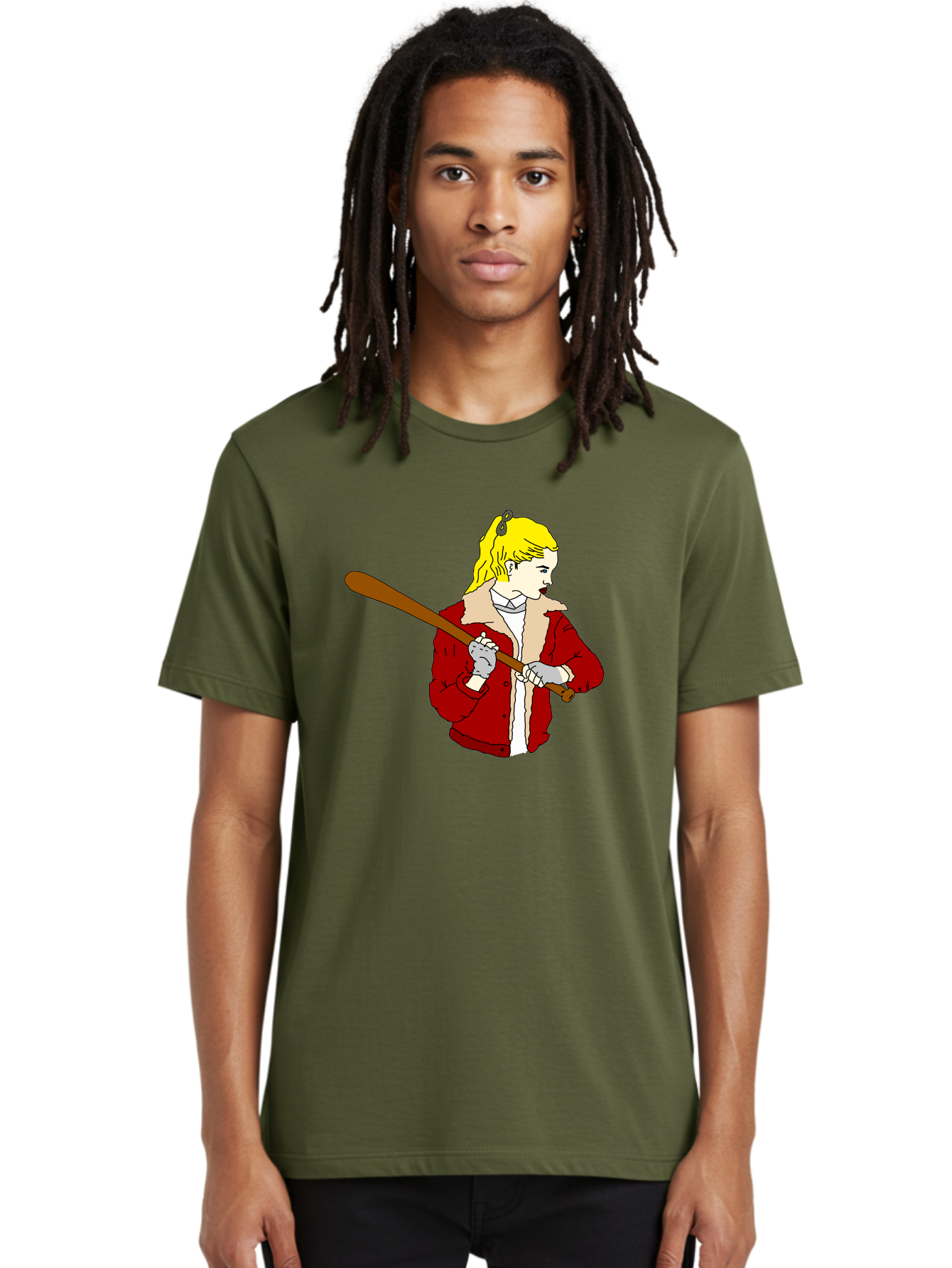 Girl-With-Baseball-Bat Men'S Graphic Tee, 100% Cotton, Comfortable Casual Summer Wear, Machine Washable, Girl With Blonde Hair, Red Jacket With Fur Collar, Holding Baseball Bat, Cartoon Style, Baseball Player, Young Athlete, Sporty Girl, -  Aaa044