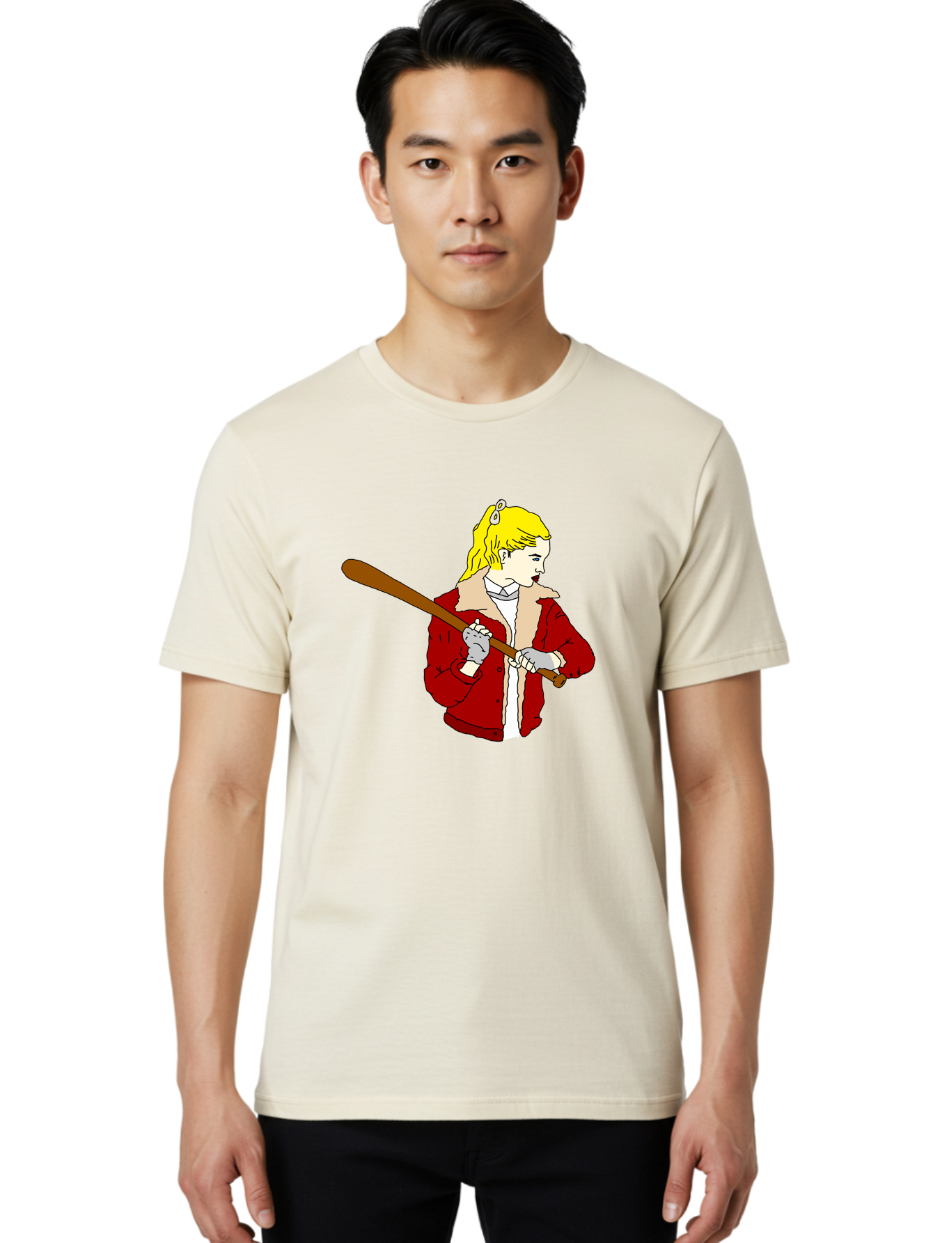 Girl-With-Baseball-Bat Men'S Graphic Tee, 100% Cotton, Comfortable Casual Summer Wear, Machine Washable, Girl With Blonde Hair, Red Jacket With Fur Collar, Holding Baseball Bat, Cartoon Style, Baseball Player, Young Athlete, Sporty Girl, -  Aaa044