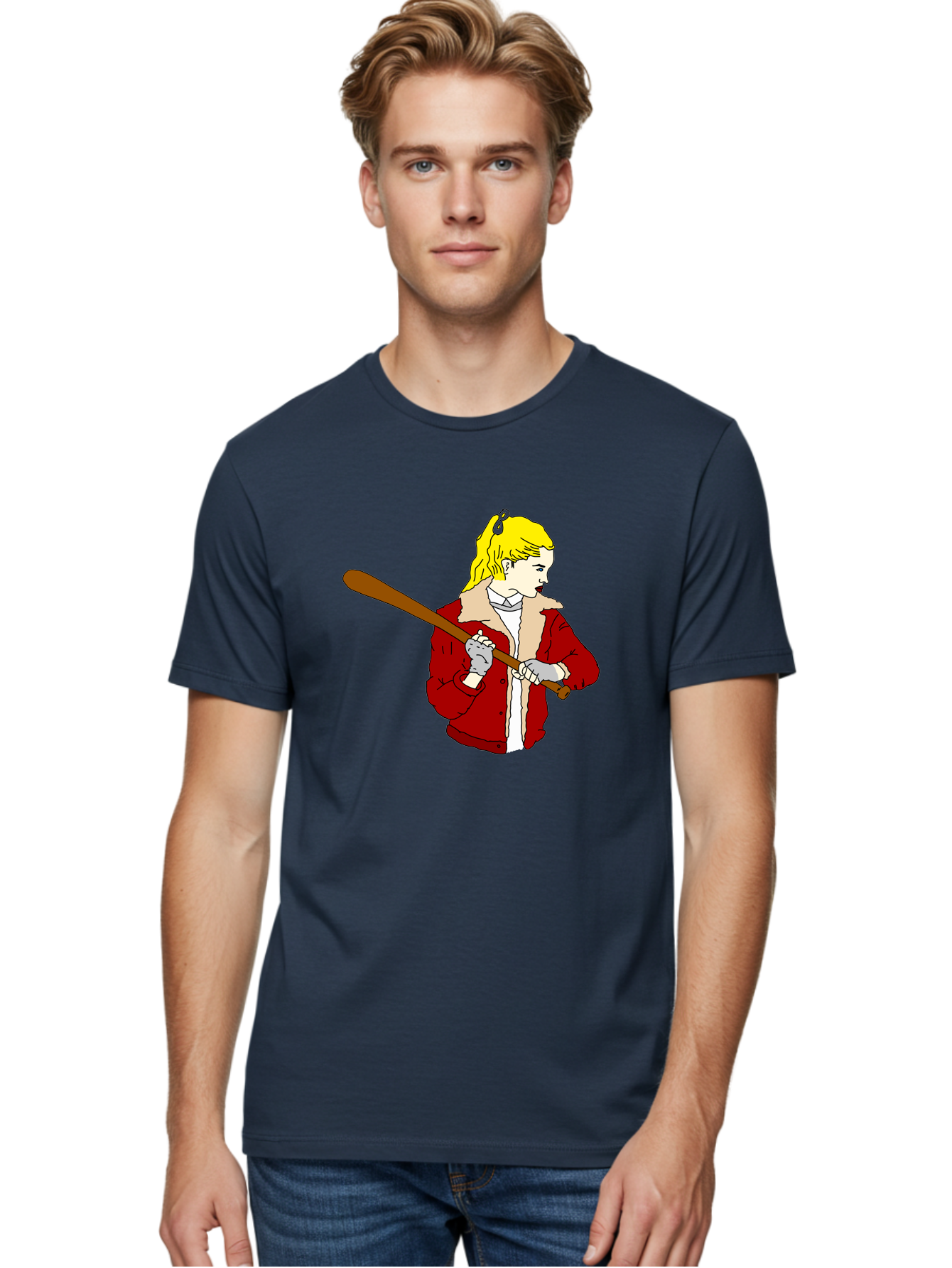 Girl-With-Baseball-Bat Men'S Graphic Tee, 100% Cotton, Comfortable Casual Summer Wear, Machine Washable, Girl With Blonde Hair, Red Jacket With Fur Collar, Holding Baseball Bat, Cartoon Style, Baseball Player, Young Athlete, Sporty Girl, -  Aaa044