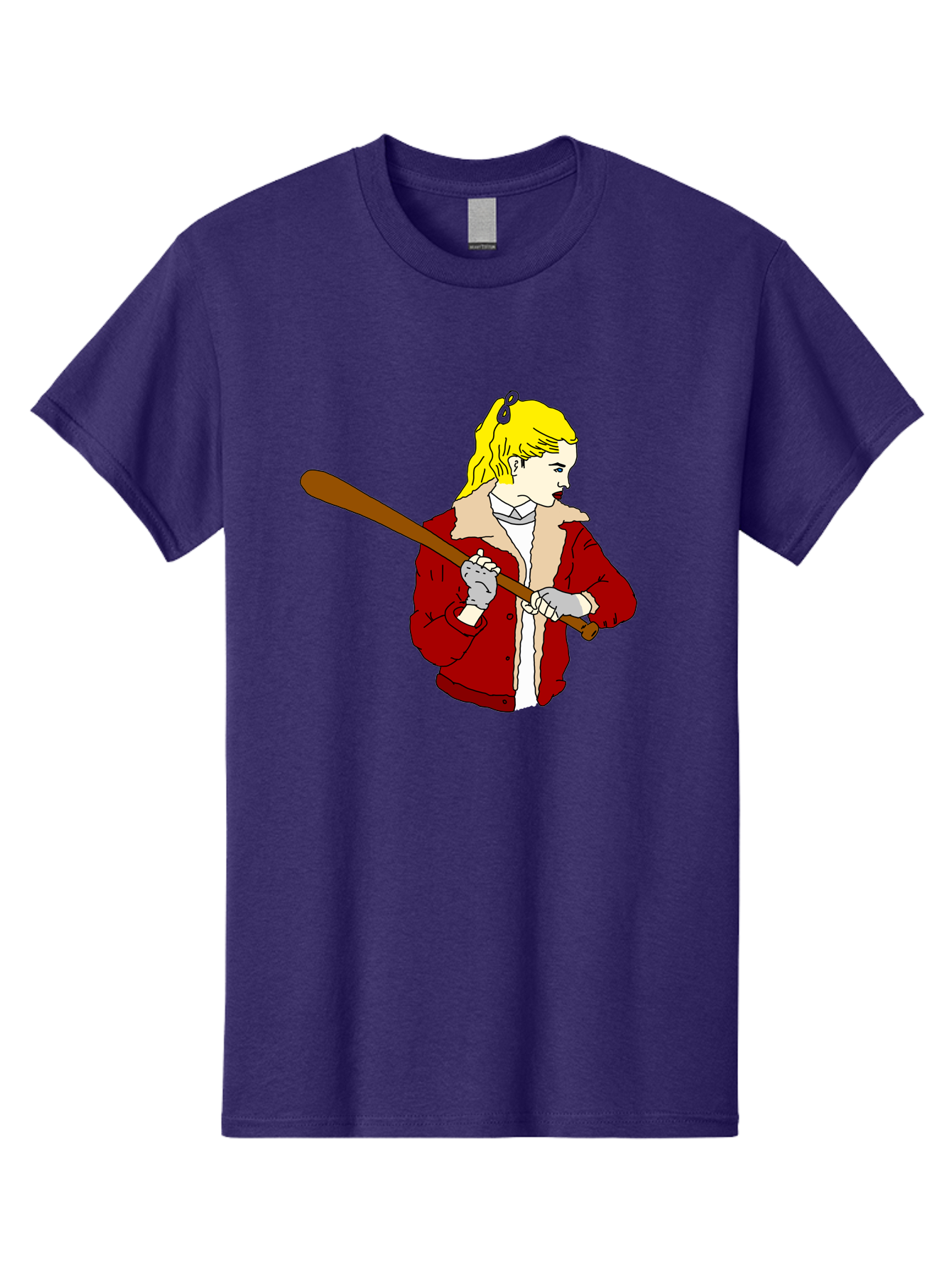 Girl-With-Baseball-Bat Men'S Graphic Tee, 100% Cotton, Comfortable Casual Summer Wear, Machine Washable, Girl With Blonde Hair, Red Jacket With Fur Collar, Holding Baseball Bat, Cartoon Style, Baseball Player, Young Athlete, Sporty Girl, -  Aaa044