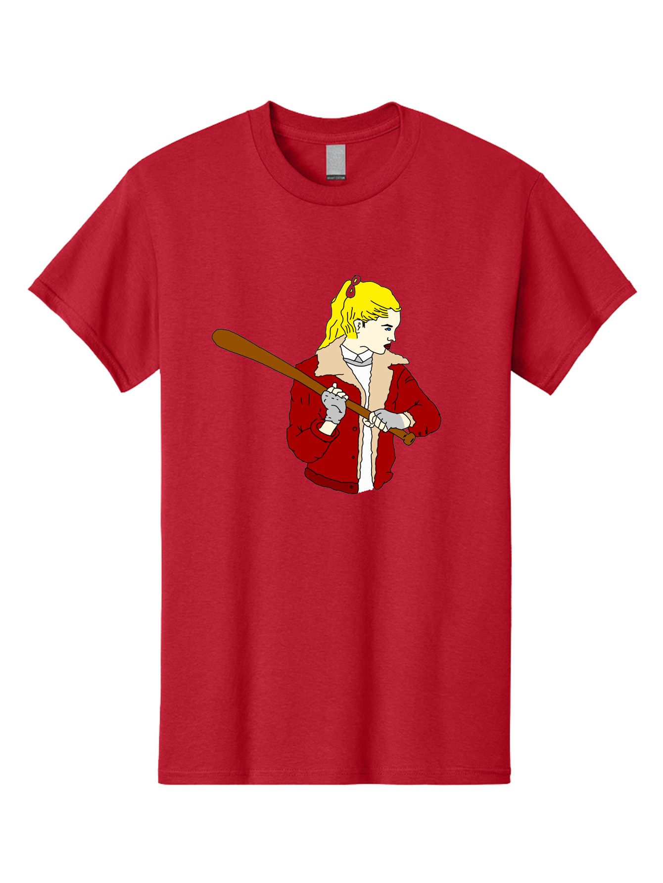 Girl-With-Baseball-Bat Men'S Graphic Tee, 100% Cotton, Comfortable Casual Summer Wear, Machine Washable, Girl With Blonde Hair, Red Jacket With Fur Collar, Holding Baseball Bat, Cartoon Style, Baseball Player, Young Athlete, Sporty Girl, -  Aaa044