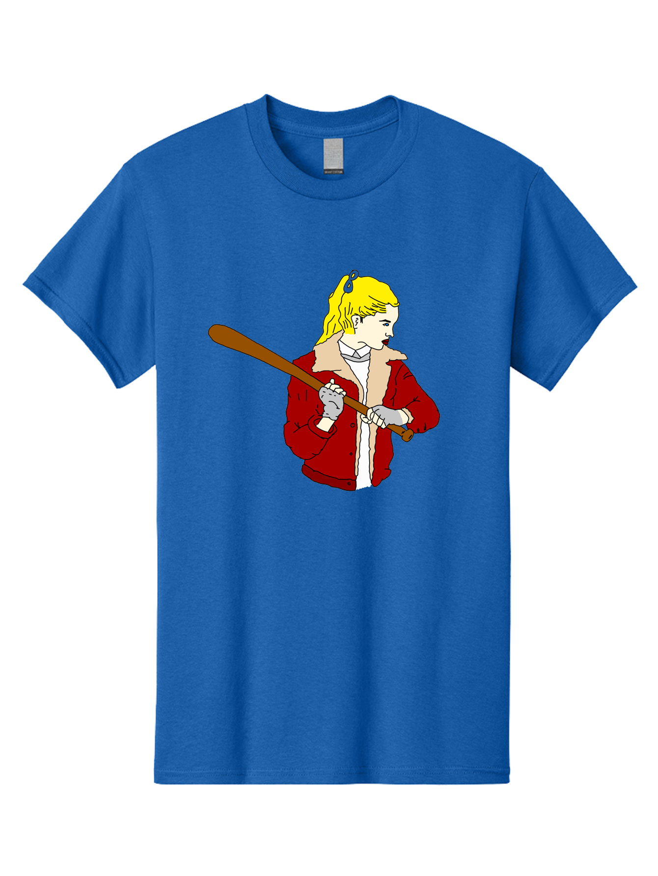 Girl-With-Baseball-Bat Men'S Graphic Tee, 100% Cotton, Comfortable Casual Summer Wear, Machine Washable, Girl With Blonde Hair, Red Jacket With Fur Collar, Holding Baseball Bat, Cartoon Style, Baseball Player, Young Athlete, Sporty Girl, -  Aaa044